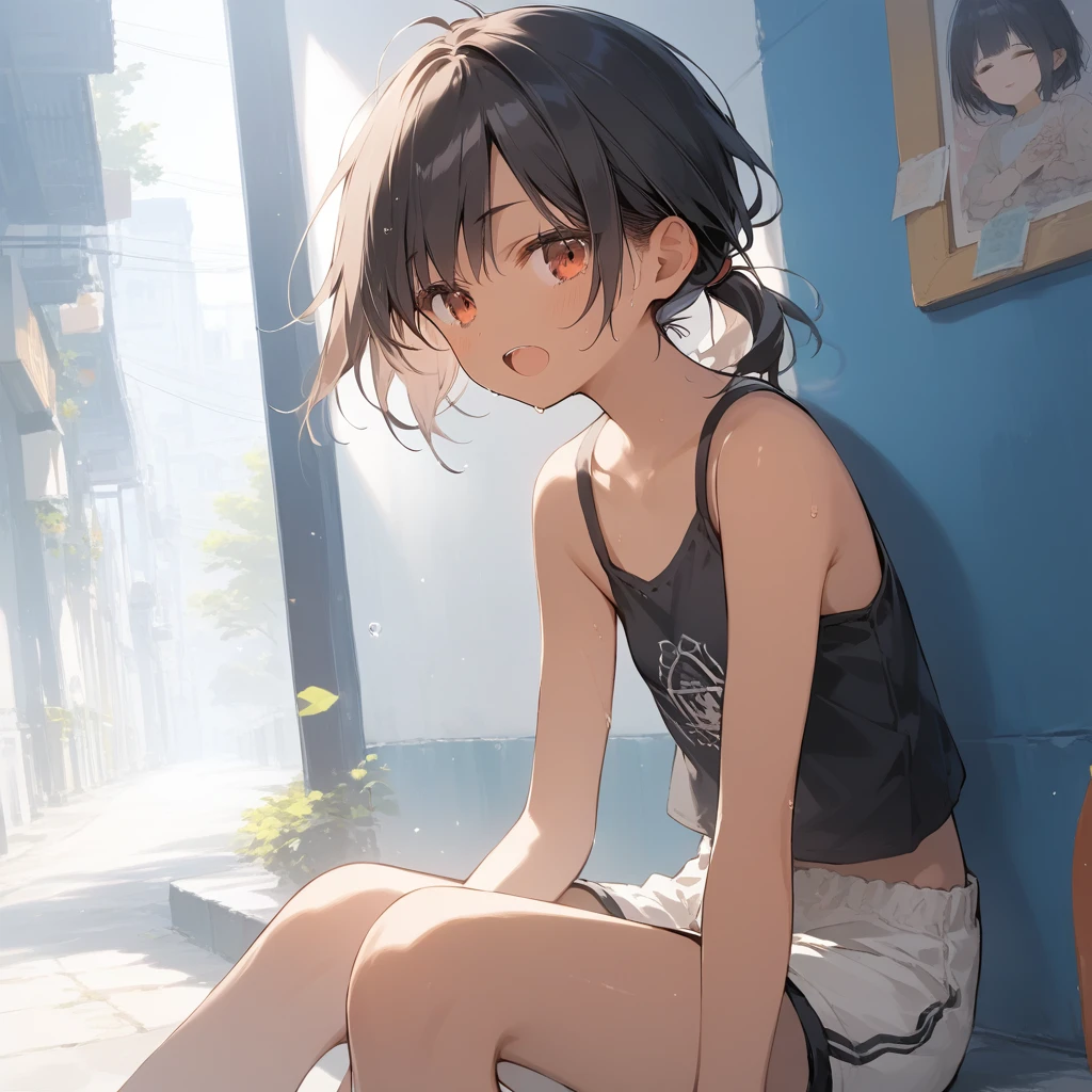 score_9, score_8_up, score_7_up, source_anime, best quality, masterpiece, official art, absurdres, highres, ultra-detailed,waifu2x,Collection: Slice of Life,break,1girl, tomboy, dark-skinned female, short hair, low ponytail, flat chest, beautiful detailed eyes, shorts, sweat, open mouth, (yawn:0.3), sleepily, outdoors, wind,break,(clear line illustration:1.2), super detailed skin,very high resolution, very aesthetic, Best sexual lighting powered by famous artist, 8k,cute picture,beauty illustration,photoshop_(medium),,(Detailed Lighting),best anime 8k konachan wallpaper, pixiv contest winner,