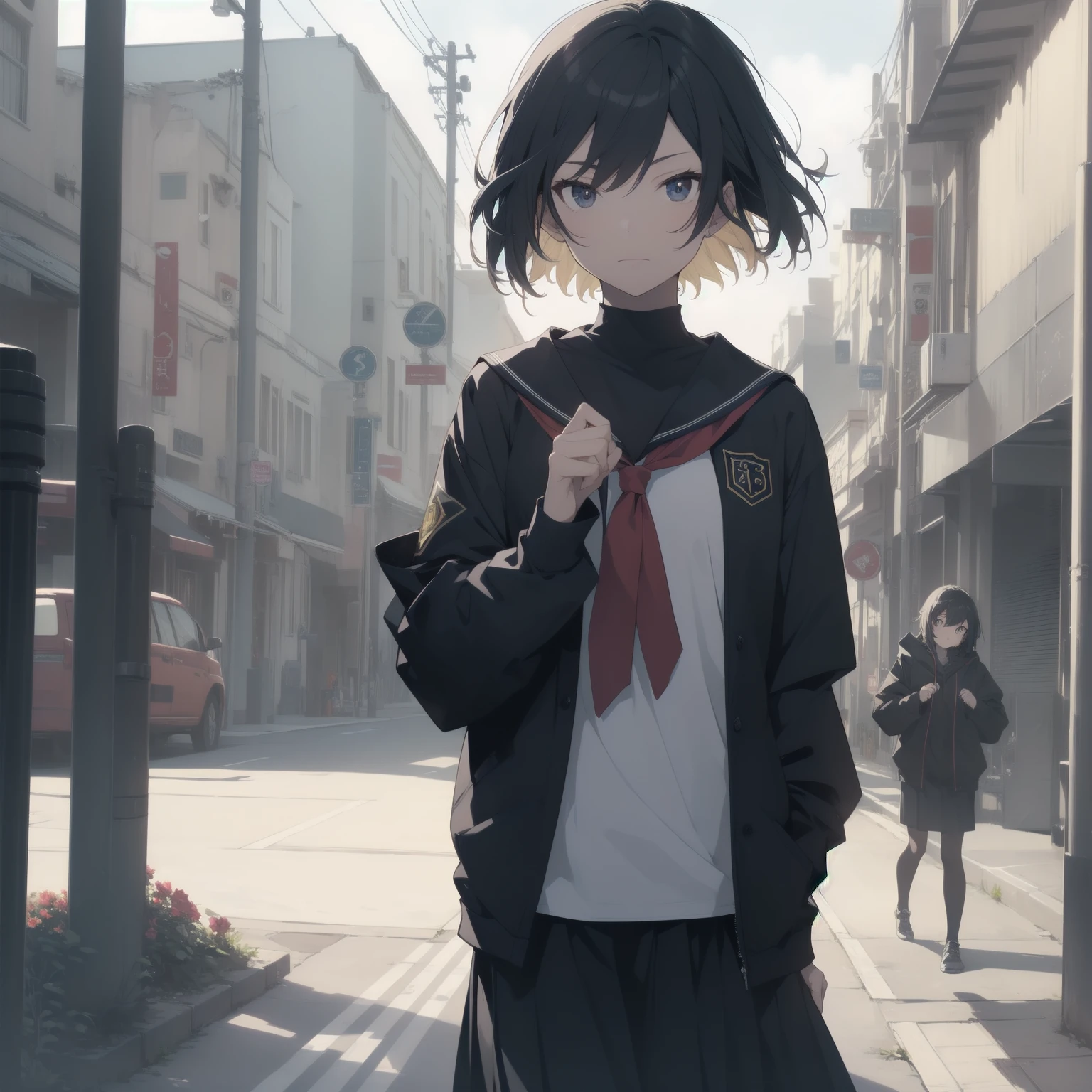ultra-absurdres-Top quality by artist God, ultra-detailed, high resolution, anime moe artstyle, best anime 8k konachan wallpaper, pixiv contest winner, pool:2810, perfect anatomy,break, 1girl, (Please draw a girl walking sleepily to school alone. )break,(Solo,little female, 13-year-old:1.3),Full limbs, complete fingers,a junior high school student, (very short hair), short cut, flat chest, , small butt, small black eyes, beautiful detailed eyes, well-proportioned iris and pupils, expressive eyes, highres detailed hair, soft expression, salor school_uniform, sailor collar, serahuku, bow, pleated skirt,(Detailed Lighting), (Detailed background), in the School commute route. break,super detailed skin, Best cinematic lighting powered by famous artist, 8k,beauty illustration,photoshop_(medium),very aesthetic,break,((artist:haruhisky )), artist:clamp ,artist:carnelian ,artist:kantoku ,