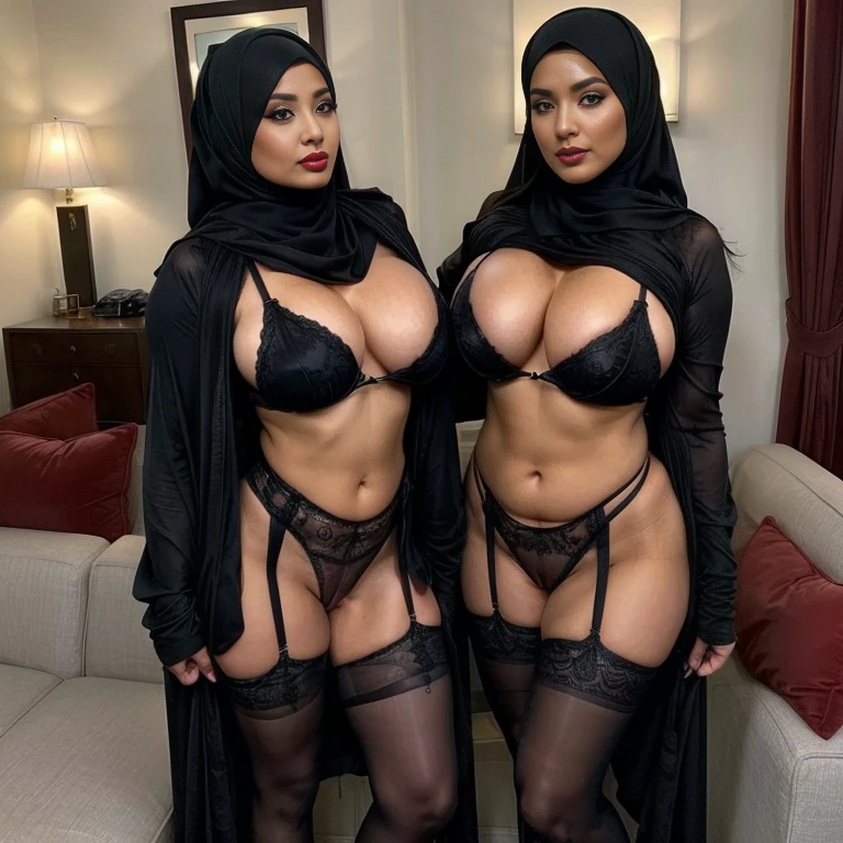 50 years Old, Hijab Indonesian mature woman, Big Tits : 12.9, female Doctor, wearing Tight bra, wearing Stockings, curvy body, Full body, Saggiest Mature tits, at doctor office, Dark light, at Nighttime.