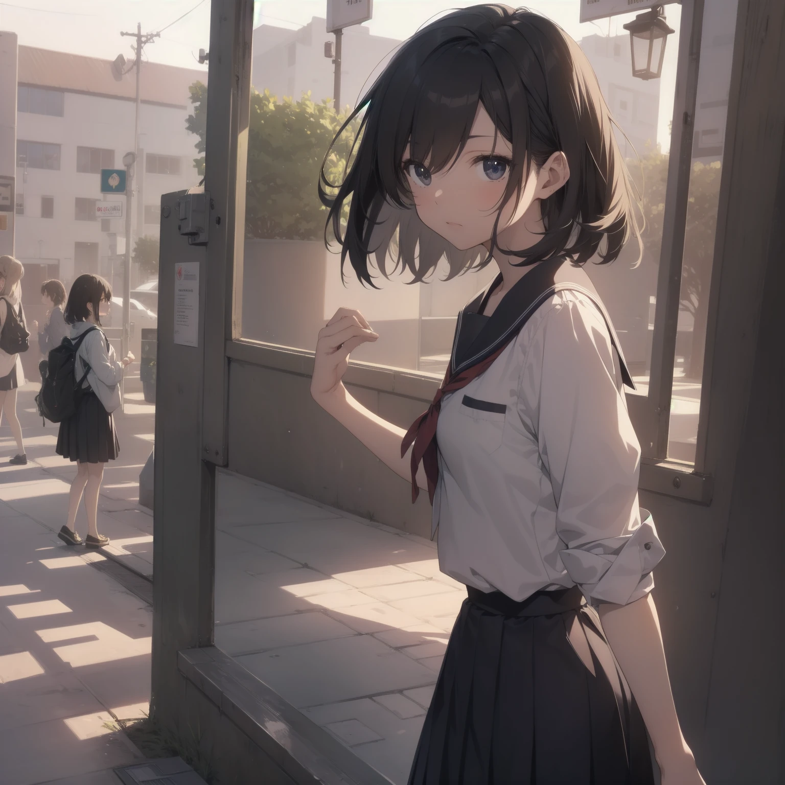 ultra-absurdres-Top quality by artist God, ultra-detailed, high resolution, anime moe artstyle, best anime 8k konachan wallpaper, pixiv contest winner, pool:2810, perfect anatomy,break, 1girl, (Please draw a girl walking sleepily to school alone. )break,(Solo,little female, 13-year-old:1.3),Full limbs, complete fingers,a junior high school student, (very short hair), short cut, flat chest, , small butt, small black eyes, beautiful detailed eyes, well-proportioned iris and pupils, expressive eyes, highres detailed hair, soft expression, salor school_uniform, sailor collar, serahuku, bow, pleated skirt,(Detailed Lighting), (Detailed background), in the School commute route. break,super detailed skin, Best cinematic lighting powered by famous artist, 8k,beauty illustration,photoshop_(medium),very aesthetic,break,((artist:haruhisky )), artist:clamp ,artist:carnelian ,artist:kantoku ,
