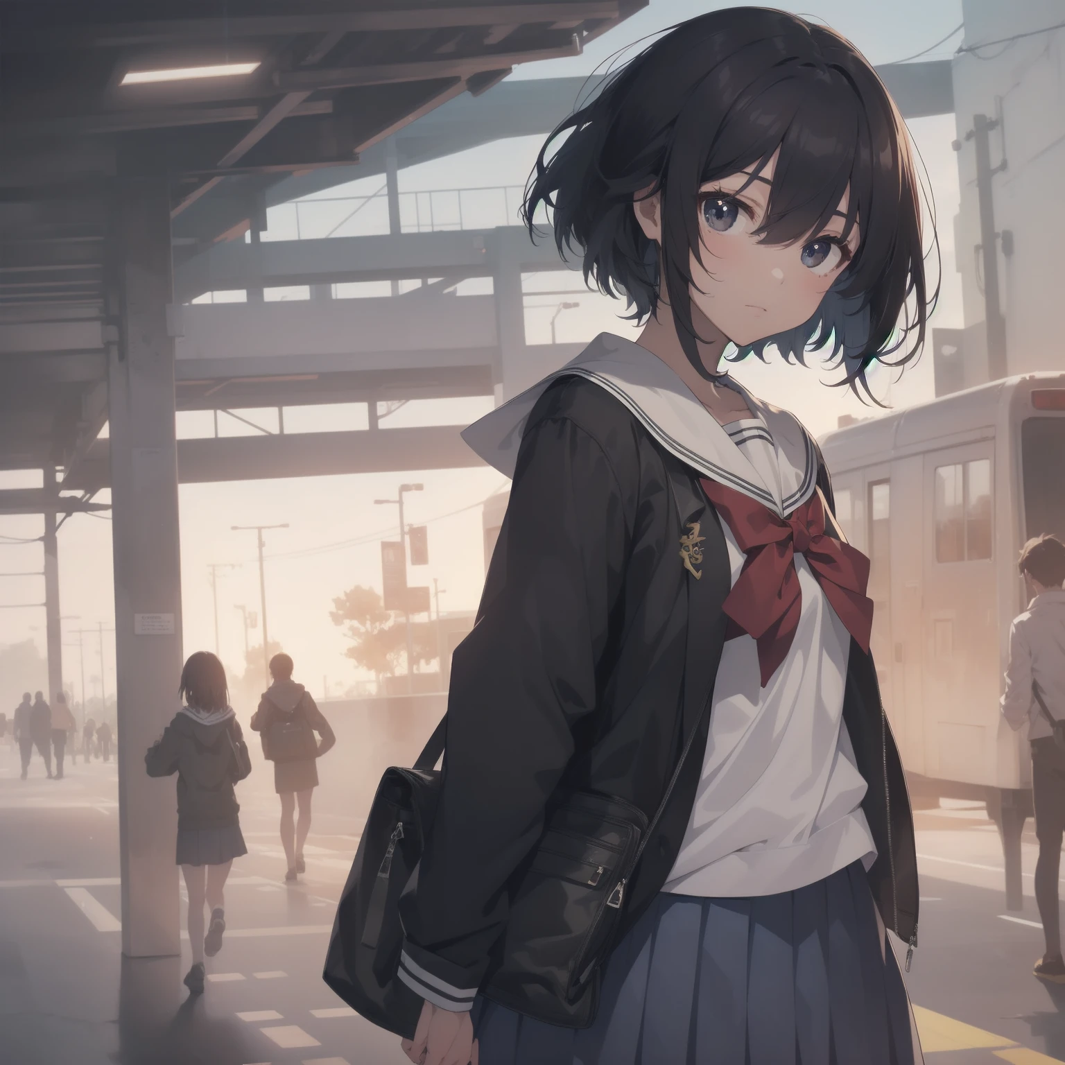 ultra-absurdres-Top quality by artist God, ultra-detailed, high resolution, anime moe artstyle, best anime 8k konachan wallpaper, pixiv contest winner, pool:2810, perfect anatomy,break, 1girl, (Please draw a girl walking sleepily to school alone. )break,(Solo,little female, 13-year-old:1.3),Full limbs, complete fingers,a junior high school student, (very short hair), short cut, flat chest, , small butt, small black eyes, beautiful detailed eyes, well-proportioned iris and pupils, expressive eyes, highres detailed hair, soft expression, salor school_uniform, sailor collar, serahuku, bow, pleated skirt,(Detailed Lighting), (Detailed background), in the School commute route. break,super detailed skin, Best cinematic lighting powered by famous artist, 8k,beauty illustration,photoshop_(medium),very aesthetic,break,((artist:haruhisky )), artist:clamp ,artist:carnelian ,artist:kantoku ,