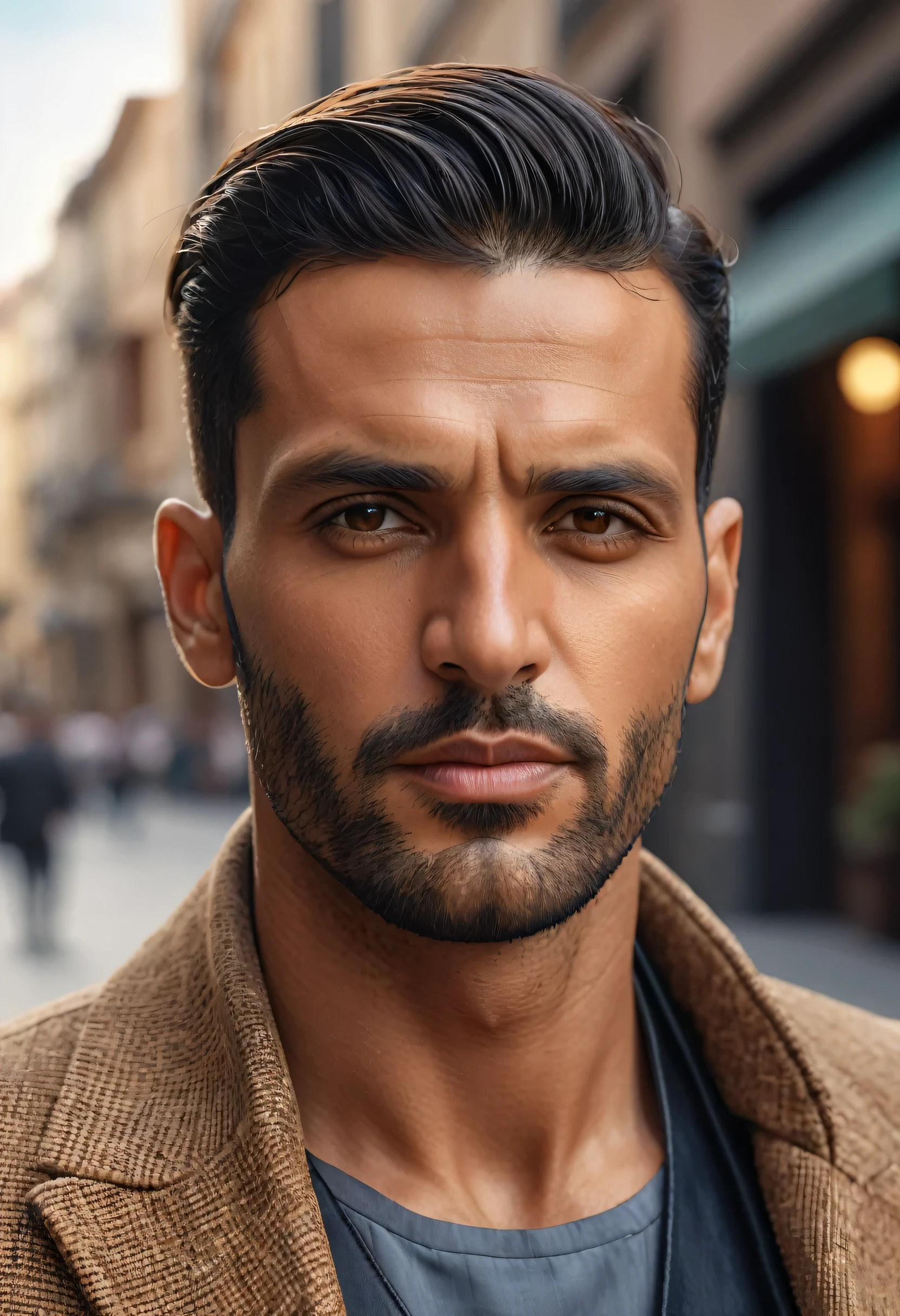 (arabian man, 20s old, young man, fashion model, square face), street style, serious looks, serious atmosphere, looking at viewers, profile photo, upper body shot, from side, ((high-quality, hyper realistic, photorealistic, 8K, best quality, 4k, highres, masterpiece:1.5)), ultra-detailed, (realistic, photorealistic, photo-realistic:1.3), HDR, UHD, ultra-fine painting, sharp focus, physically-based rendering, extreme detail description, professional,