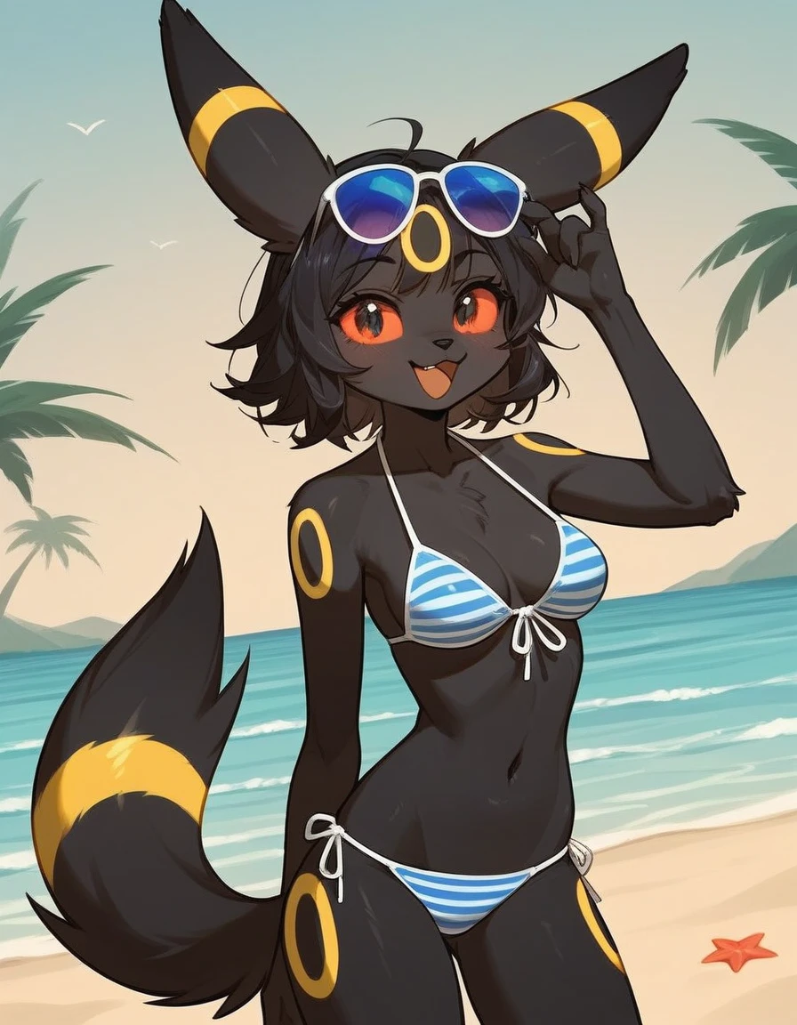 alone, score_9,score_8_up,score_7_up, anthro female umbreon, blue stripped bikini, beach background, standing, happy, sunglasses.