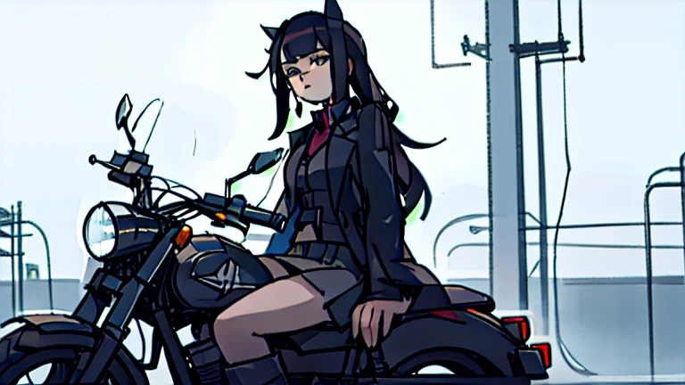 a girl in a short skirt and a black leather coat wearing boots he has long, straight, dark hair, and is sitting on a motorcycle in the street, light sunlight, ultra quality, detailed eyes