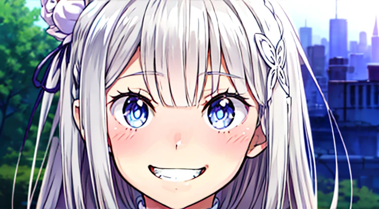 Anime girl with long hair and blue eyes looking at the camera, close up Another Iwakura, close up of Another Iwakura, Another Iwakura, Gentle smile, Cunning Smile, Smiling just a little, Close-up of Rei Iwakura, Happy smile, Laughing lasciviously, An innocent smile, Creepy Smile, A big smile, Mischievous grin
