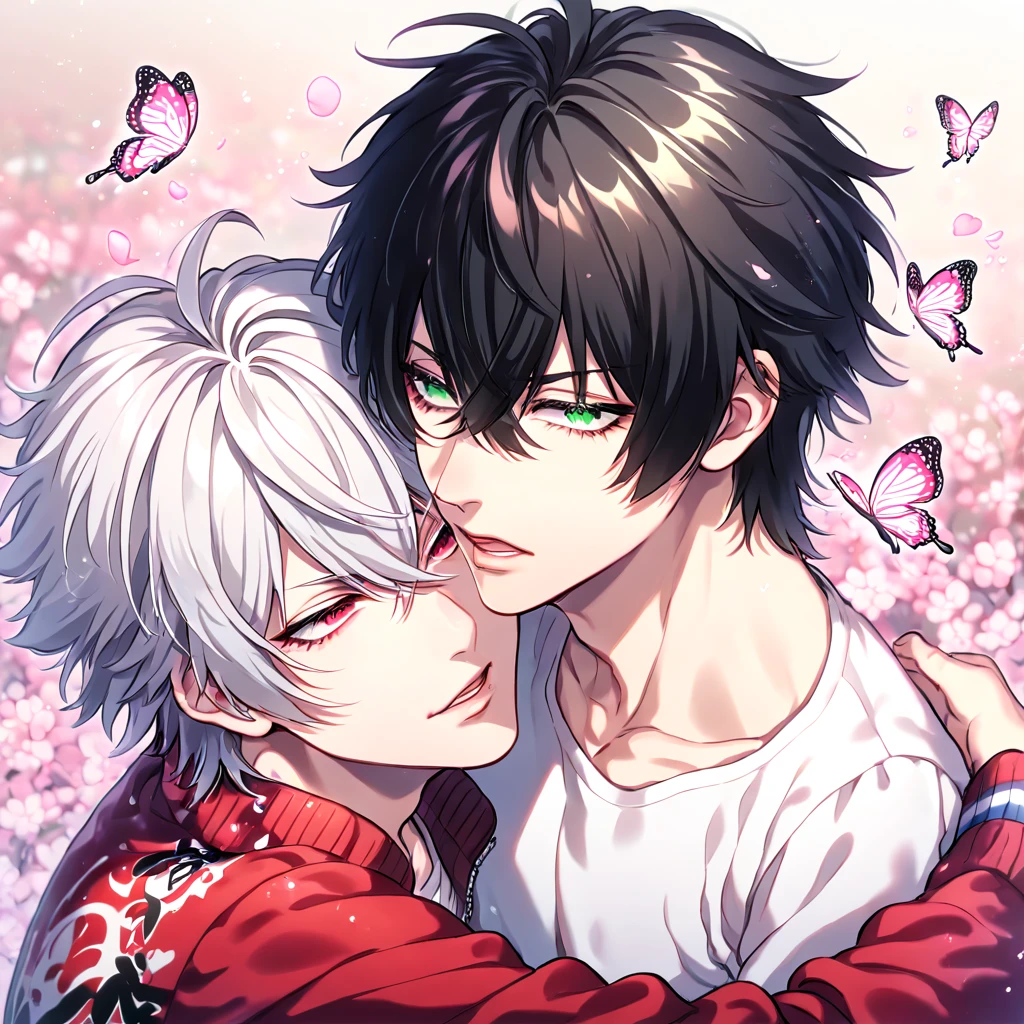 absurdres, highres, ultra detailed, HDR, master piece, best quality, extremely detailed, Aohitsugi Samatoki, chin length white hair, expressive red eyes, long eyelashes, Hypnosis Mic, Yamada Ichiro, chin length black hair, expressive green eyes, white shirt, unbuttoned, red varsity jacket, two sexy men hugging, yaoi, gay couple, handsome, magical, fantasy, pink cherry blossoms, pink butterflies, pink petals, pink flowers