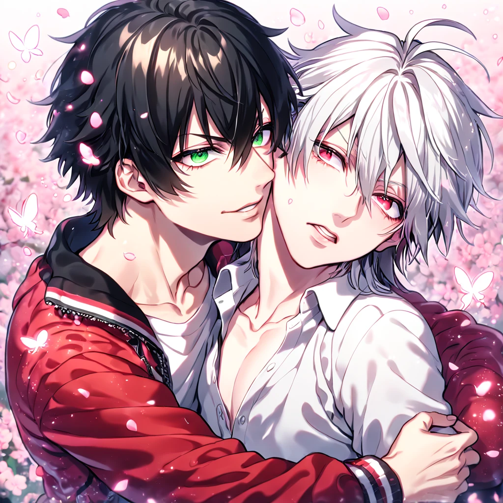 absurdres, highres, ultra detailed, HDR, master piece, best quality, extremely detailed, Aohitsugi Samatoki, chin length white hair, expressive red eyes, long eyelashes, Hypnosis Mic, Yamada Ichiro, chin length black hair, expressive green eyes, white shirt, unbuttoned, red varsity jacket, two sexy men hugging, yaoi, gay couple, handsome, magical, fantasy, pink cherry blossoms, pink butterflies, pink petals, pink flowers