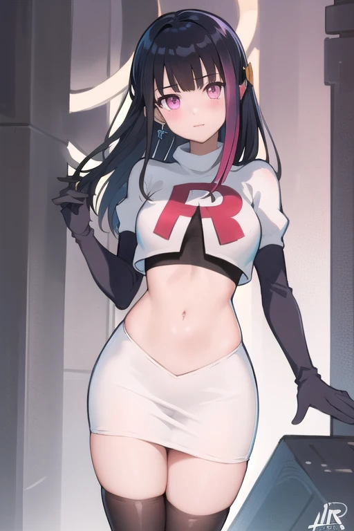 rouge redstar,1girl, black hair, solo, long hair, pink eyes,ear ornament, streaked hair, blunt bangs, looking at viewer,cowboy shot, team rocket,team rocket uniform,white skirt,red letter R,crop top,black thigh-highs,black elbow gloves, (best quality, masterpiece),