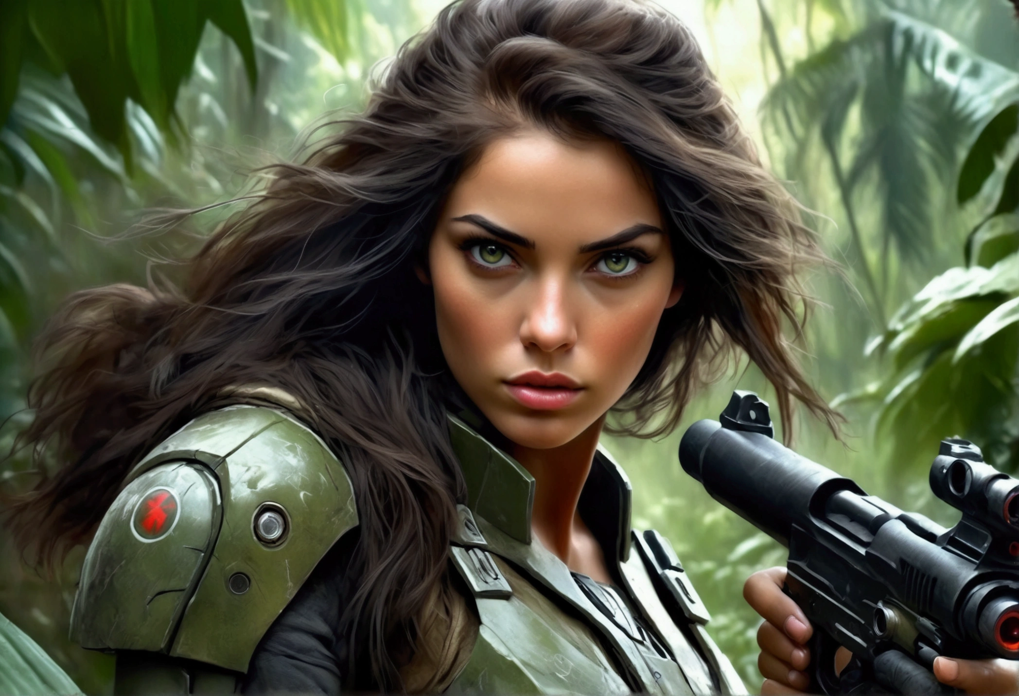 a young woman with long dark hair, beautiful detailed eyes, beautiful detailed lips, extremely detailed face and skin, longeyelashes, wearing a sexy combat outfit, holding a very detailed blaster pistol, raiding an imperial convoy in a lush jungle, action pose, cinematic lighting, dramatic colors, (best quality,4k,8k,highres,masterpiece:1.2),ultra-detailed,(realistic,photorealistic,photo-realistic:1.37),science fiction,concept art