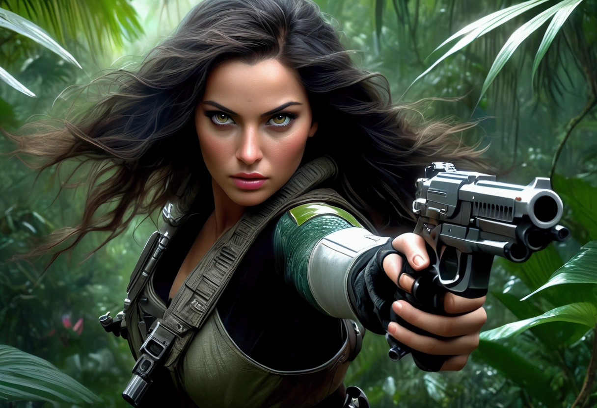 a young woman with long dark hair, beautiful detailed eyes, beautiful detailed lips, extremely detailed face and skin, longeyelashes, wearing a sexy combat outfit, holding a very detailed blaster pistol, raiding an imperial convoy in a lush jungle, action pose, cinematic lighting, dramatic colors, (best quality,4k,8k,highres,masterpiece:1.2),ultra-detailed,(realistic,photorealistic,photo-realistic:1.37),science fiction,concept art