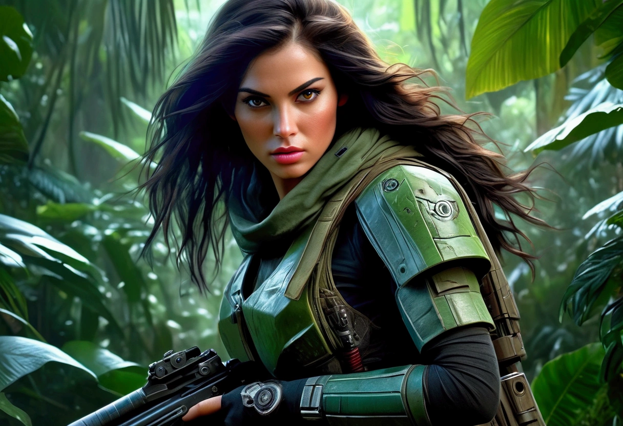 a young woman with long dark hair, beautiful detailed eyes, beautiful detailed lips, extremely detailed face and skin, longeyelashes, wearing a sexy combat outfit, holding a very detailed blaster pistol, raiding an imperial convoy in a lush jungle, action pose, cinematic lighting, dramatic colors, (best quality,4k,8k,highres,masterpiece:1.2),ultra-detailed,(realistic,photorealistic,photo-realistic:1.37),science fiction,concept art
