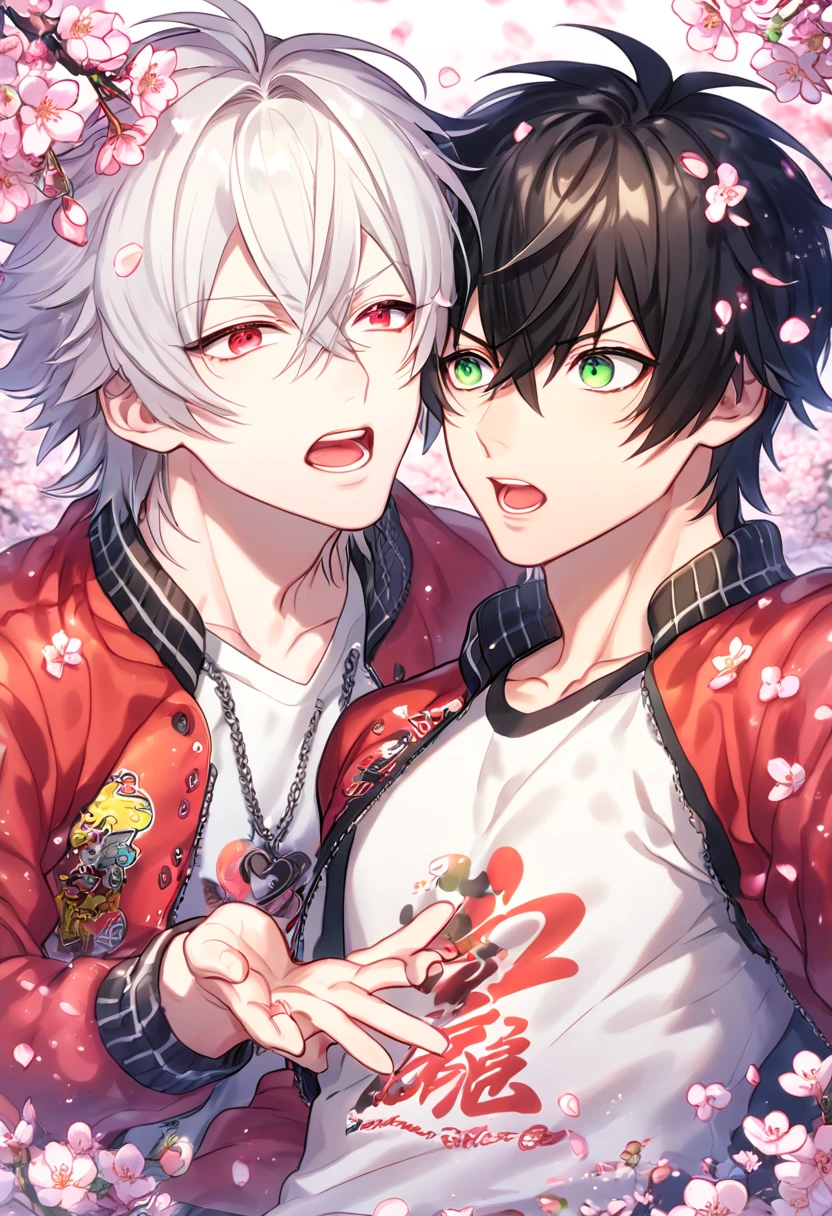 Ultra detailed, HDR, Highres, absurdres, master piece, Aohitsugi Samatoki, white hair, long eyelashes, expressive red eyes, Yamada Ichiro, black hair, expressive green eyes, white shirt, red varsity jacket, Hypnosis Mic, two sexy man together, gay couple, yaoi, love, cherry flowers, blossoms, fantasy, magical, pink leaves, radiant, handsome, sensual,