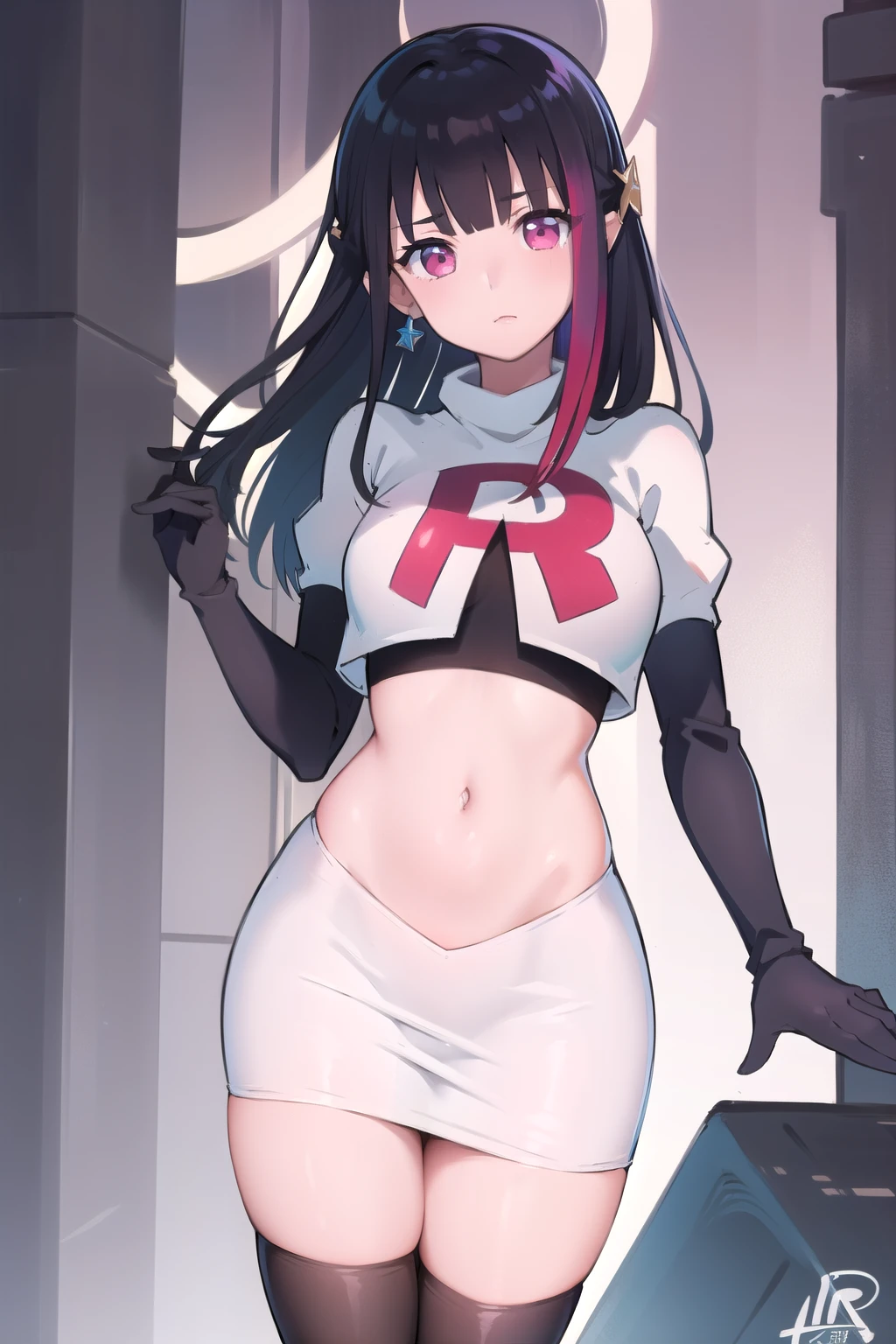 rouge redstar,1girl, black hair, solo, long hair, pink eyes,ear ornament, streaked hair, blunt bangs, looking at viewer,cowboy shot, team rocket,team rocket uniform,white skirt,red letter R,crop top,black thigh-highs,black elbow gloves, (best quality, masterpiece),