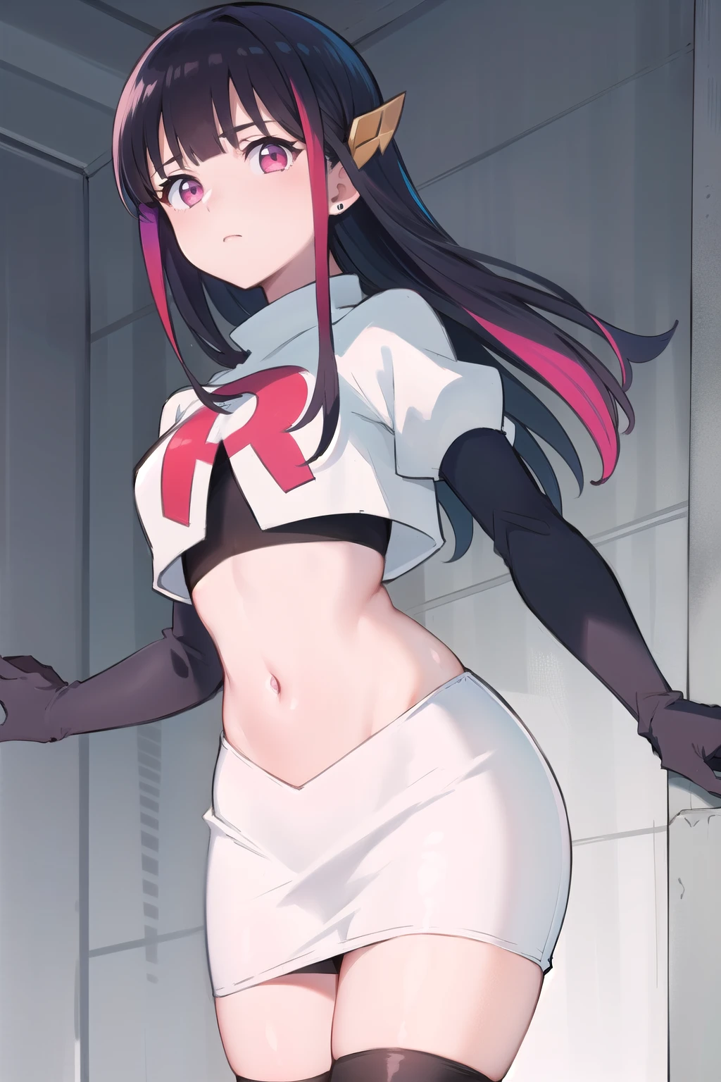 rouge redstar,1girl, black hair, solo, long hair, pink eyes,ear ornament, streaked hair, blunt bangs, looking at viewer,cowboy shot, team rocket,team rocket uniform,white skirt,red letter R,crop top,black thigh-highs,black elbow gloves, (best quality, masterpiece),