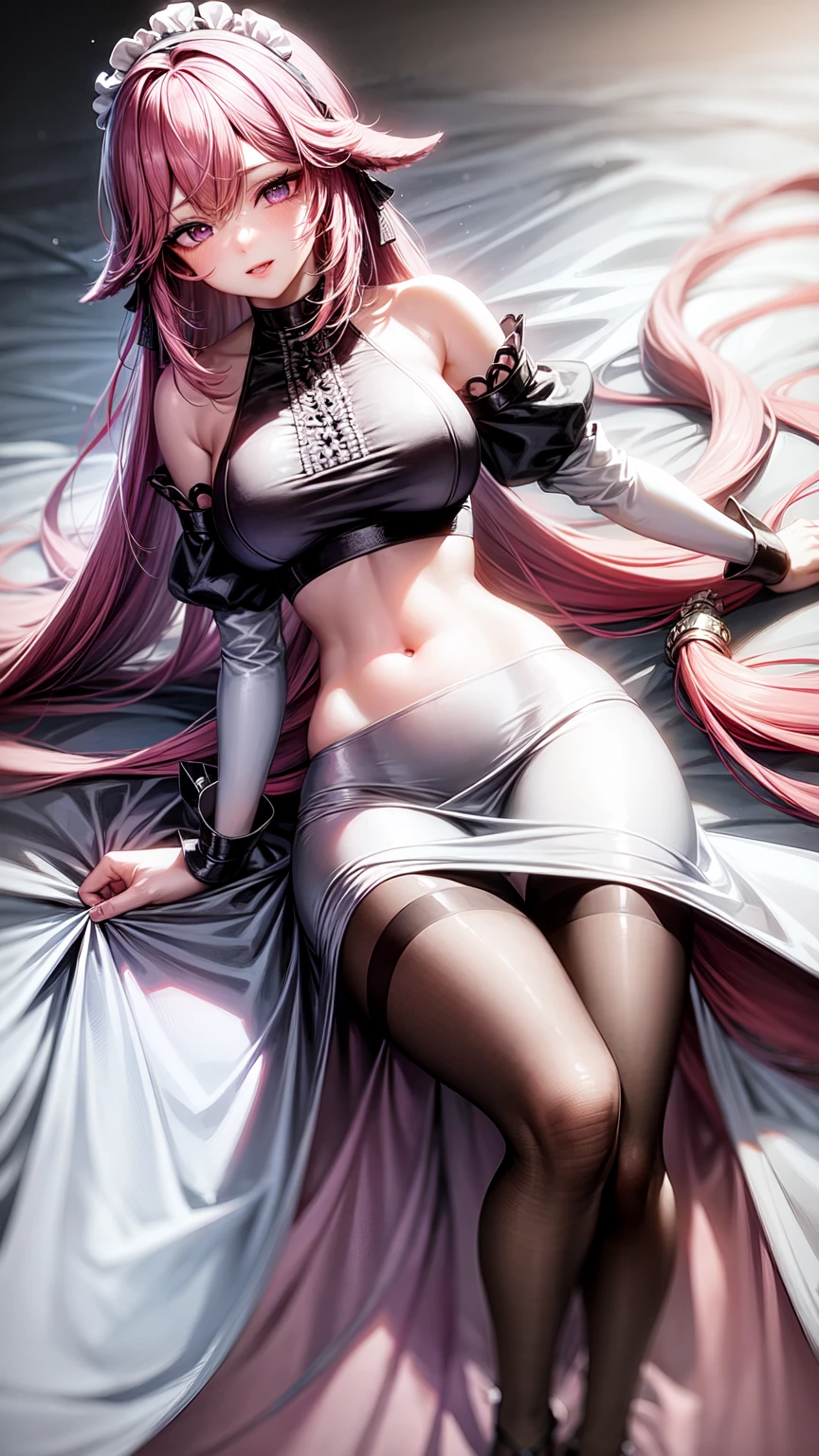 purple eyes,maid,long skirt,crop top,pink hair