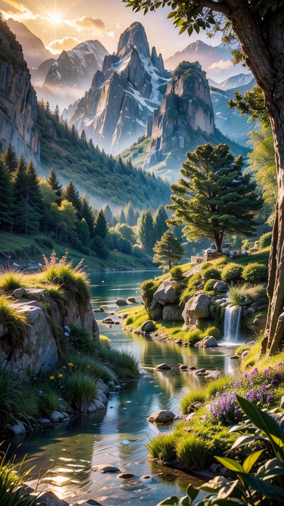 fairytale view with ornamented fantasy fairy garden in a wide valley with huge dramatic montains in the distance,large lawns, deep clear natural pond, rocks plants flowers shrubs trees moss lawns grass animals,sunrise and strong sunbeams,very hazy,extreme details,photorealistic,4k,HD,beautiful,nature, dreamy, low shot