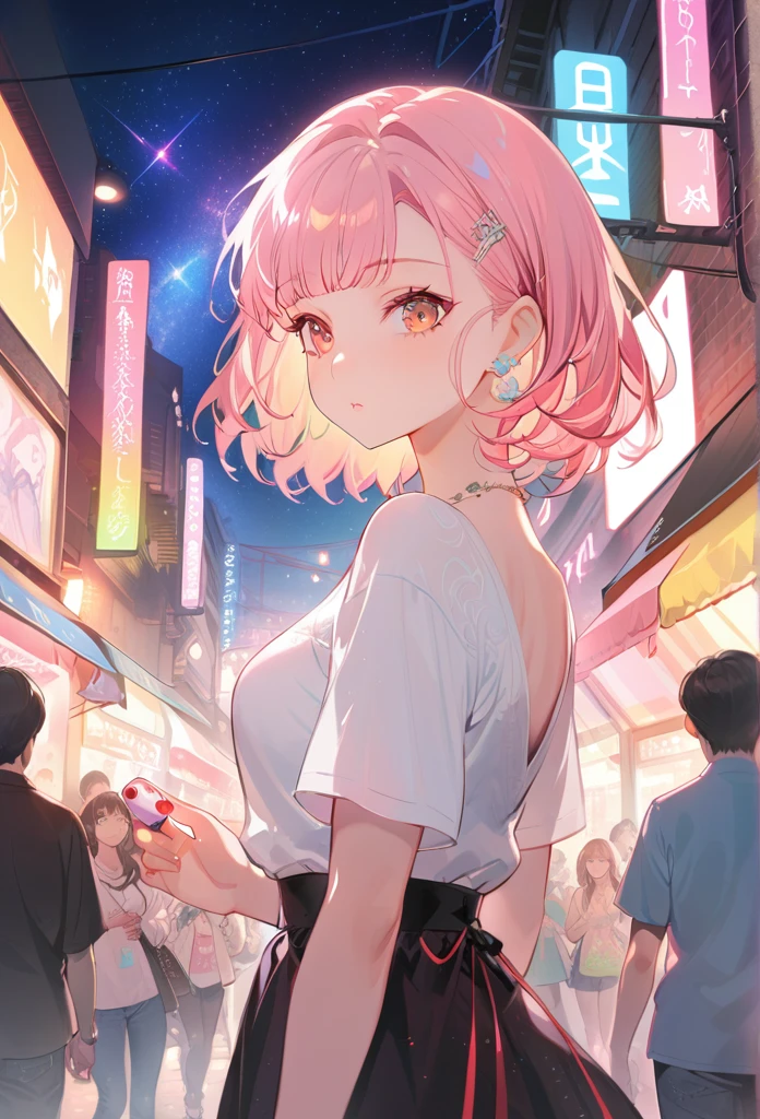 ((masterpiece)), (best quality),, Official Art, Extremely detailed CG unity 8k wallpaper, Very detailed, Glowing skin, Depth of Field, Bright colors,, 1 Girl, (Curvy beauty:0.4), (whole body:0.6),, short hair, Bangs, Red Eyes, skirt, Looking at the audience, night, street, neon, look back, Star (Sky), crowd, Upper Body,