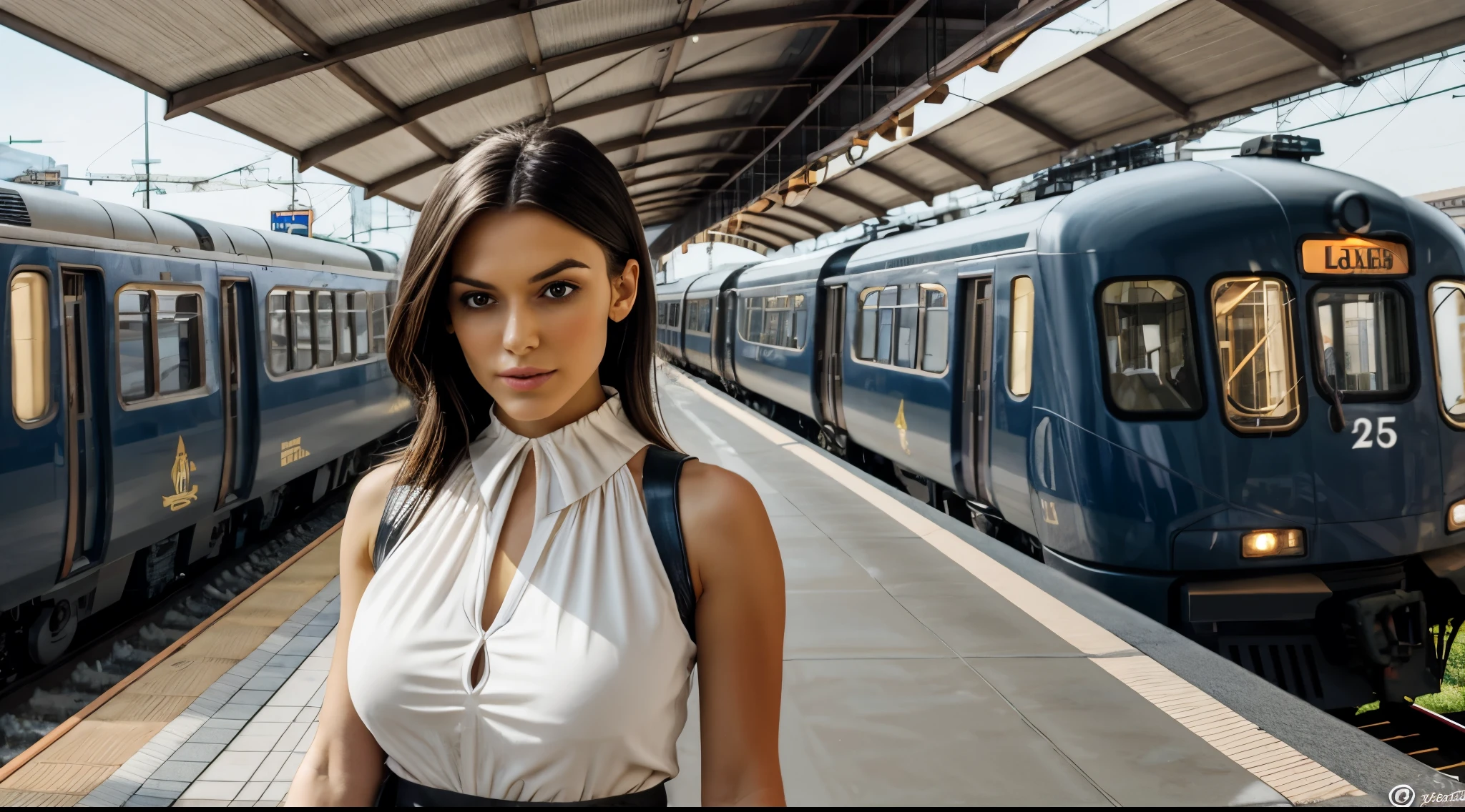1girl, (upper body:1.2), standing, centered, curvy, holding bag, detailed face, (looking at viewer:1.2), sleeveless ruffle blouse, high neck collar, skirt, slick back hair, hair strands, delicate watch, gigantic breasts, feminine, train station, (best_quality, masterpiece:1.2), (highly detailed), (4k, 8k, uhd, high_resolution, highres), (luxurious modern train station, sleek architecture, elegant decor, gold accents, contemporary chandeliers, high ceilings, large windows, polished surfaces, premium materials, sophisticated lighting, stylish seating, opulent atmosphere, refined decor, upscale ambiance, exterior view, luxury train parked outside, modern design:0.8)