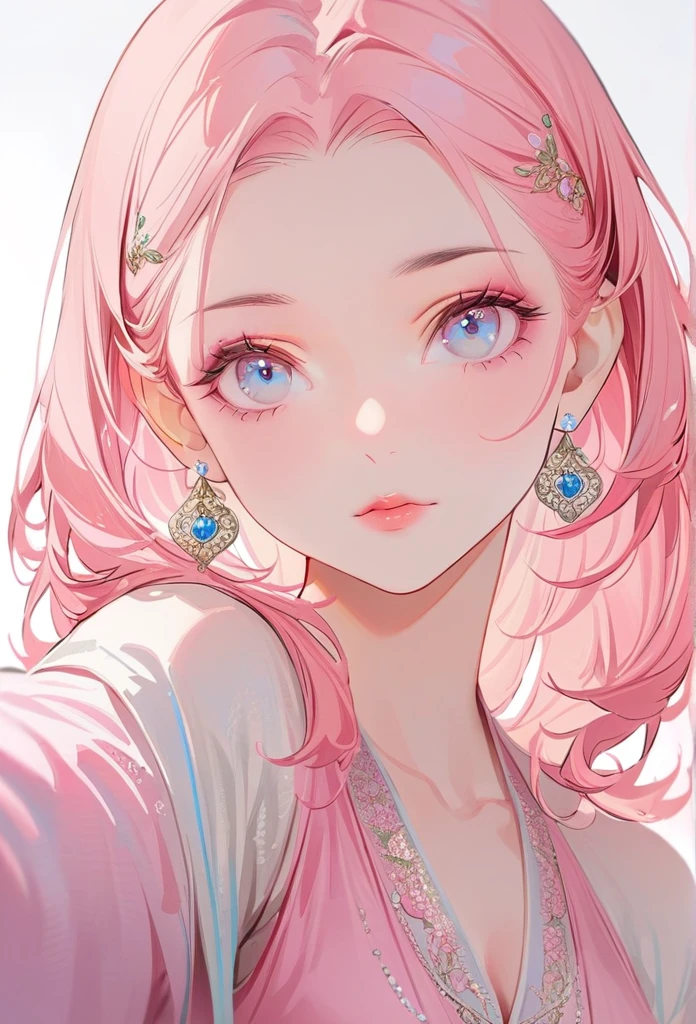 8K, best quality, masterpiece, Ultra-high resolution, (realism: 1.4), original photo, (Realistic skin texture: 1.3), (Selfie Angle), 1 girl, Pink clothes, Sapphire eyes and beautiful facial details, masterpiece, best quality, close up, Upper body highest quality picture quality pull-ups