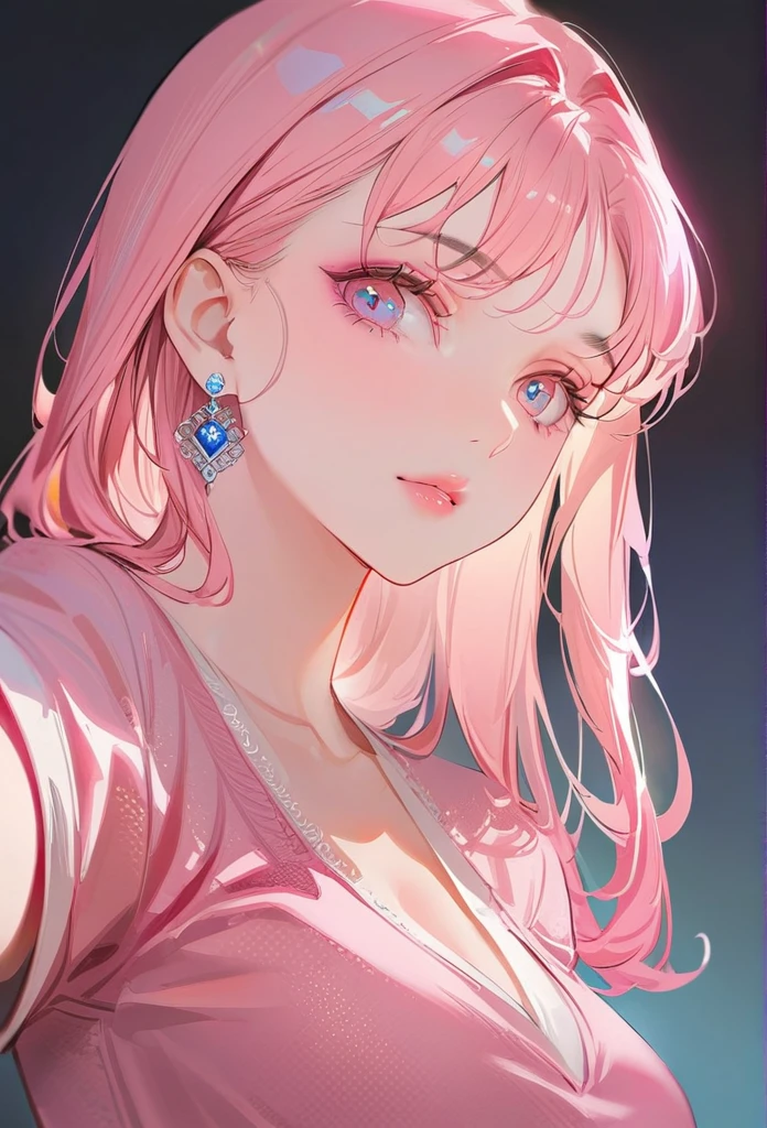 8K, best quality, masterpiece, Ultra-high resolution, (realism: 1.4), original photo, (Realistic skin texture: 1.3), (Selfie Angle), 1 girl, Pink clothes, Sapphire eyes and beautiful facial details, masterpiece, best quality, close up, Upper body highest quality picture quality pull-ups