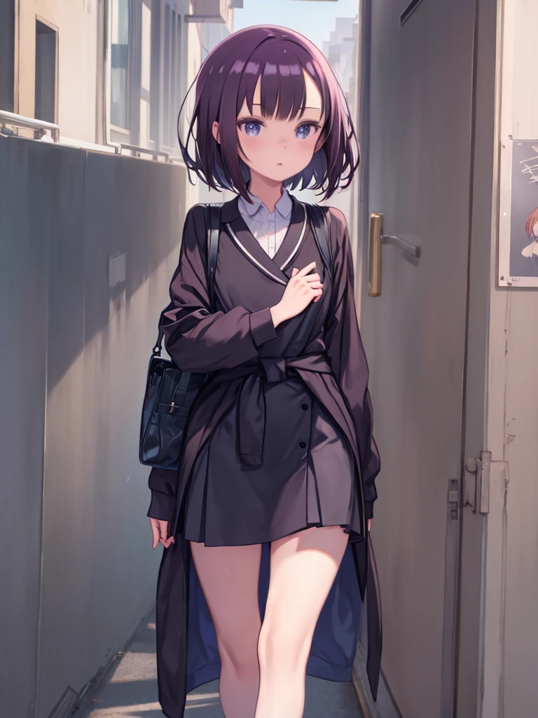One Girl、Dark Violet Hair, Comb on both sides.、Put on clothes 、Walking around the schoolyard、Drawing the head from the waist、Masterpiece and top quality