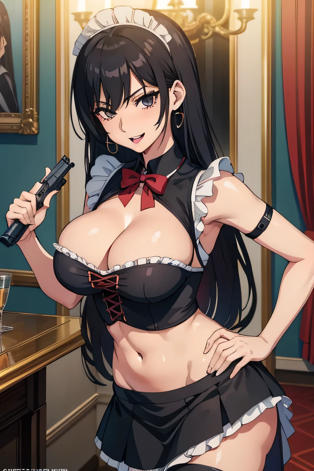 orianathomason, oriana thomason, black hair,, black eyes, long hair, 
 blush, lipstick, jewelry, earrings,  Hot girl, baddie, mean girl, sensual, attractive, jewelry, earrings, complex detailed background, casino environment, fancy interior environment, rich
interior, masterpiece, best quality, highly detailed, a anime girl in maid uniforms, holding pistol, maid
outfit, cleavage, evil smile, smile, open mouth ,ecchi anime style, anime girls, ecchi style, ecchi, digital
anime art!!, in anime style, official artwork, (nsfw) not safe for work, beautiful anime maid girl, anime
style 4 k, micro skirt, exposed belly, exposed navel, exposed midriff, exposed lower belly, holding a gun