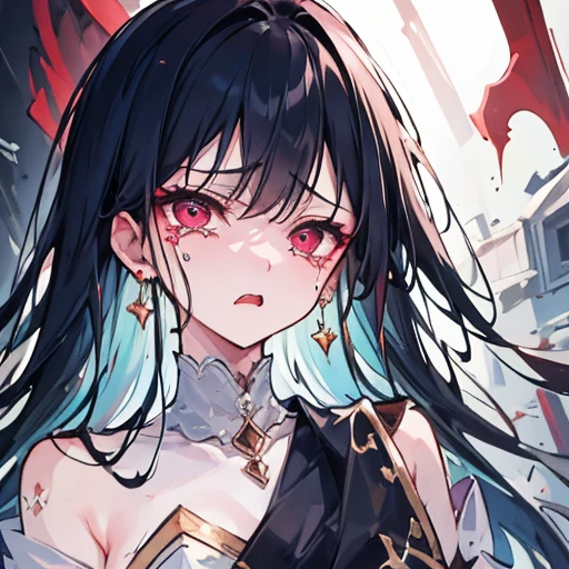 ((best quality)), ((masterpiece)), (detailed),whole body, Perfect face、
Long black hair draped over the shoulders、Fair skin,,Scared expression,Nervous look,Damaged clothing
,Tears