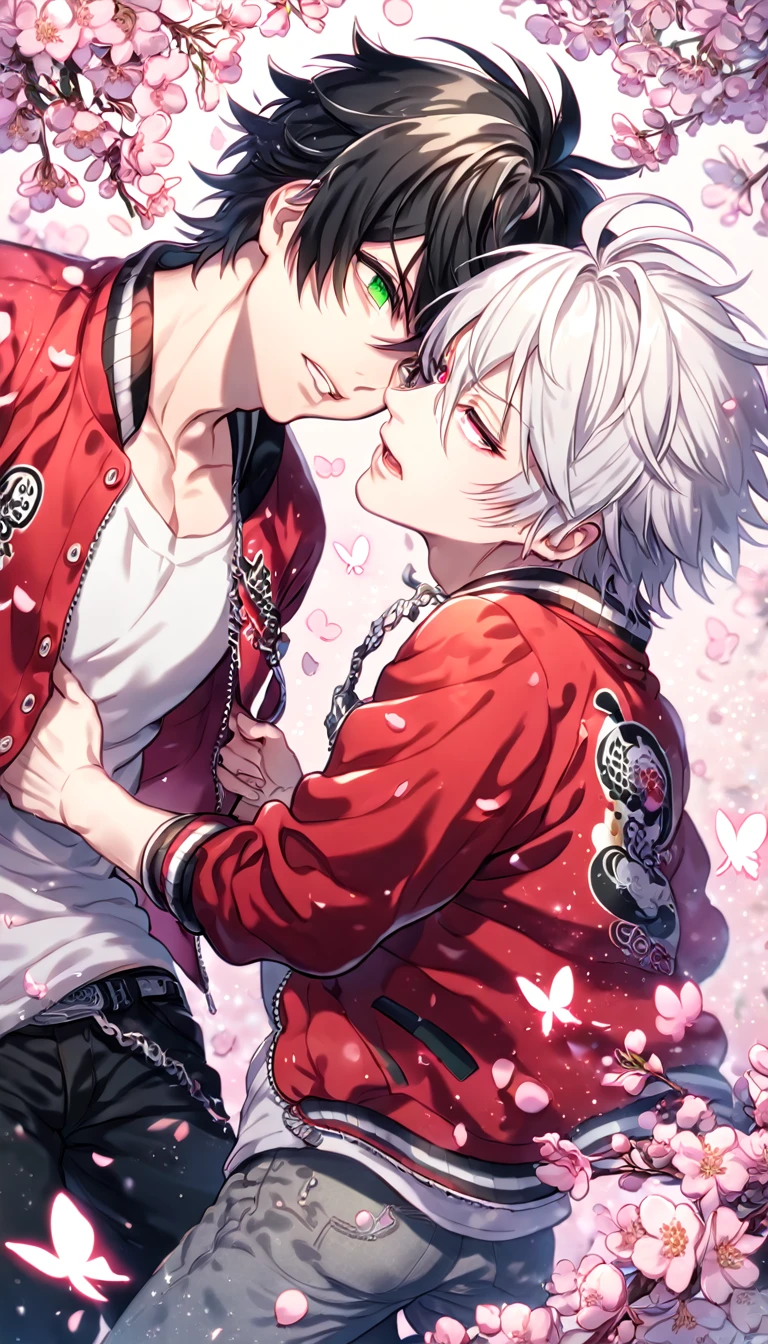 absurdres, highres, ultra detailed, HDR, master piece, best quality, extremely detailed, Aohitsugi Samatoki, chin length white hair, expressive red eyes, long eyelashes, Hypnosis Mic, Yamada Ichiro, chin length black hair, expressive green eyes, white shirt, unbuttoned, red varsity jacket, two sexy men hugging, yaoi, gay couple, handsome, magical, fantasy, pink cherry blossoms, pink butterflies, pink petals, pink flowers