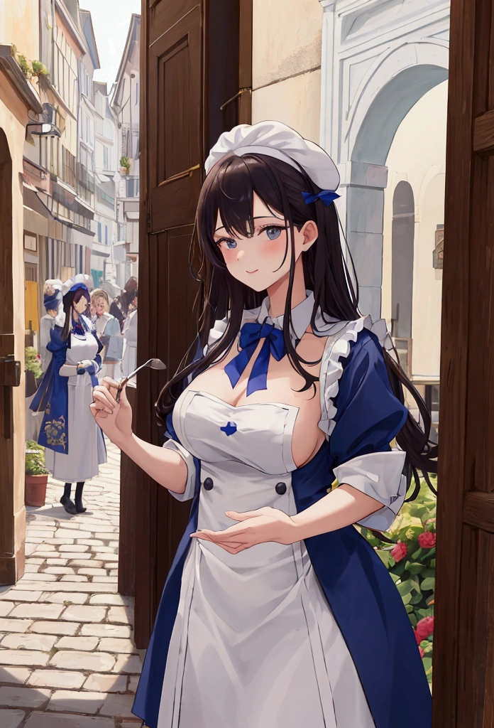 chef d'oeuvre, meilleure qualité, très esthétique, absurde, 1 fille, NSFW, chen les vacances\(chevaliers), chevaliers, regardant le spectateur, haut du corps, queue de cheval pliée, cheveux bleus, cornes de dragon, gros seins, décolleté, chapeaux, veste, figé