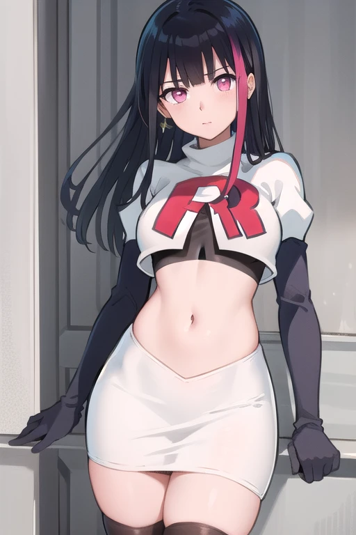 rouge redstar,1girl, black hair, solo, long hair, pink eyes,ear ornament, streaked hair, blunt bangs, looking at viewer,cowboy shot, team rocket,team rocket uniform,white skirt,red letter R,crop top,black thigh-highs,black elbow gloves, (best quality, masterpiece),