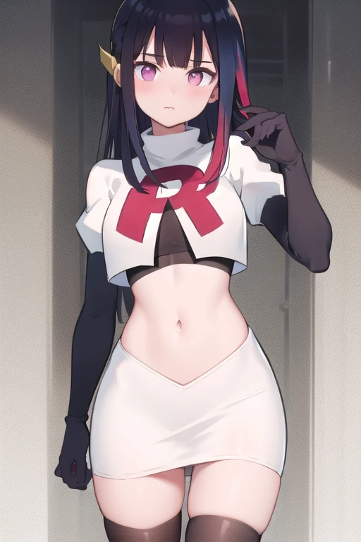 rouge redstar,1girl, black hair, solo, long hair, pink eyes,ear ornament, streaked hair, blunt bangs, looking at viewer,cowboy shot, team rocket,team rocket uniform,white skirt,red letter R,crop top,black thigh-highs,black elbow gloves, (best quality, masterpiece),