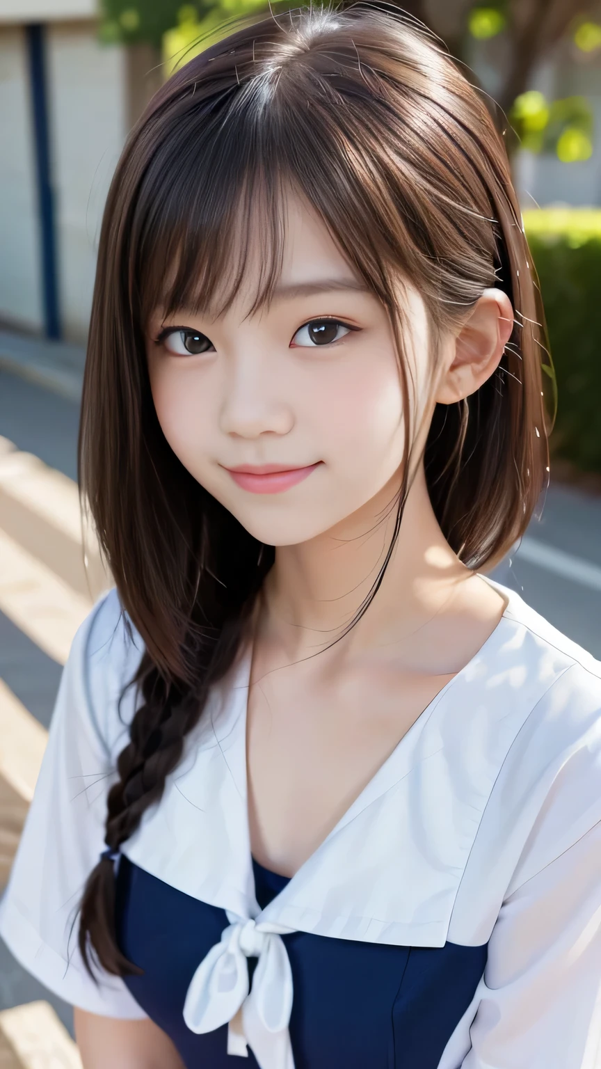Masterpiece、Best Quality、Illustration、 Super detailed、Fine details、 High resolution、8K Denden Wallpaper、Perfect dynamic composition、A cute 15-year-old junior high school girl、Sweet girl、Detailed beautiful face、Detailed cute eyes、Textured skin、A modest smile、Small breasts、School Sailor Uniform、