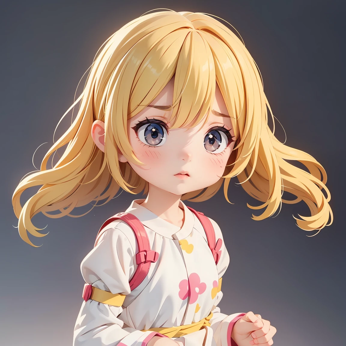 Super Chibi Character:1.8、wearing cute sandals、All-over simple and light color background:1.8、Blonde Hair、Cute 7 year old girl、Random cute outfits、Short legs、Short arms、Sandals with ribbon、Intense emotions:1.8