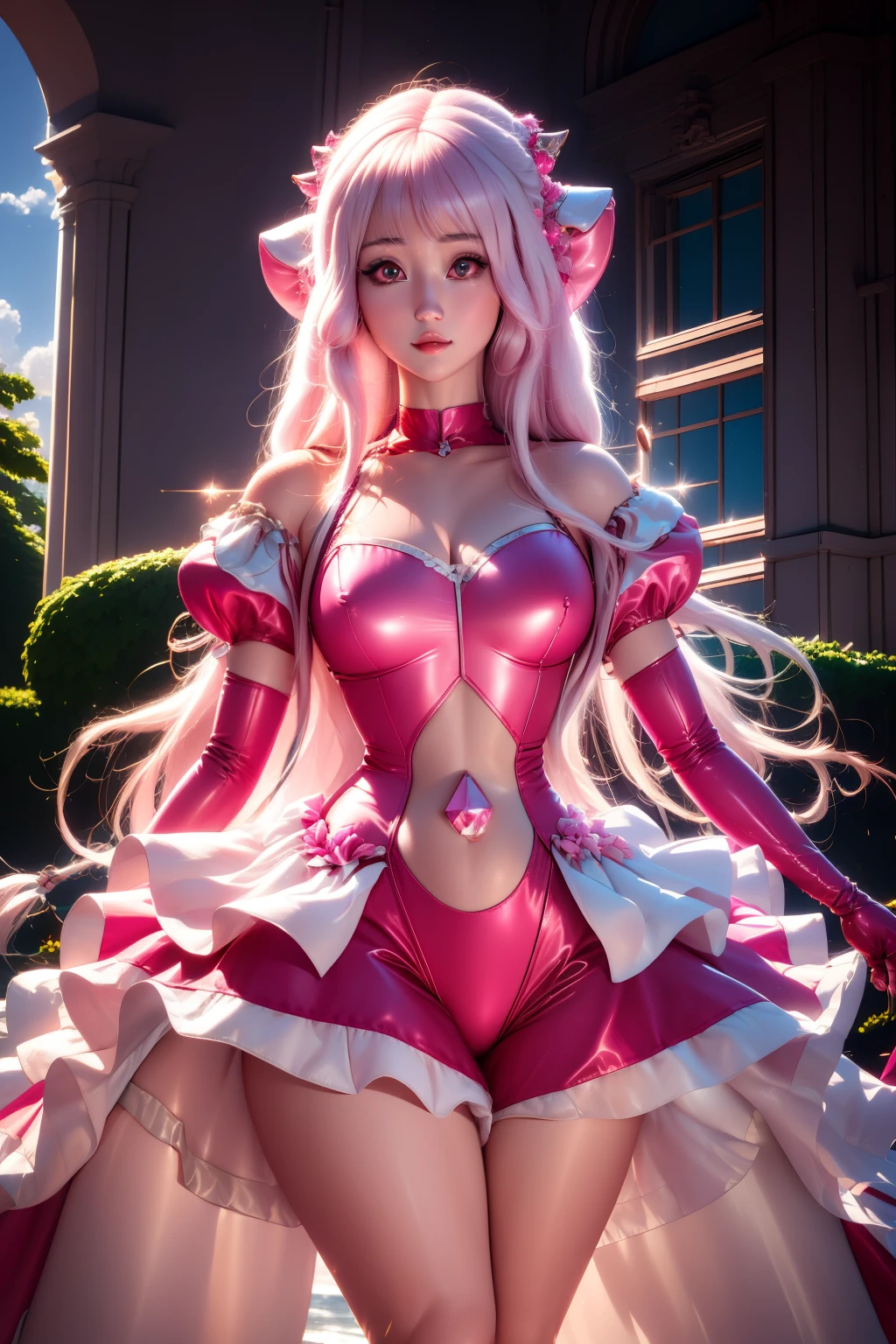 pnkdamond, pink hair, pink eyes,  by the wide,  stomach gem,  pink skin,  toned, 
puffy short sleeves, elbow gloves ,  white thighs,   Puffy dress, 
standing, Upper part of the body, 
 outer space,  
(incredibly detailed, beautiful detailed face,beautiful detailed eyes, masterpiece, Best Quality) cinematic lighting,  smile, 
 