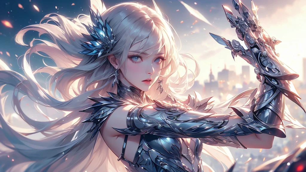 (((Tabletop))), (((Highest quality))), ((Very detailed)), (Very detailed写真), ((Very delicate and beautiful)),(Cute delicate face),here is a digital art of a very futuristic looking female that has armor and armss, One Girl, arms, alone, sf, Holding, Holding arms, robot,Beautiful face and eyes, double eyelid,Delicate skin,Slim figure、Dress and armor
