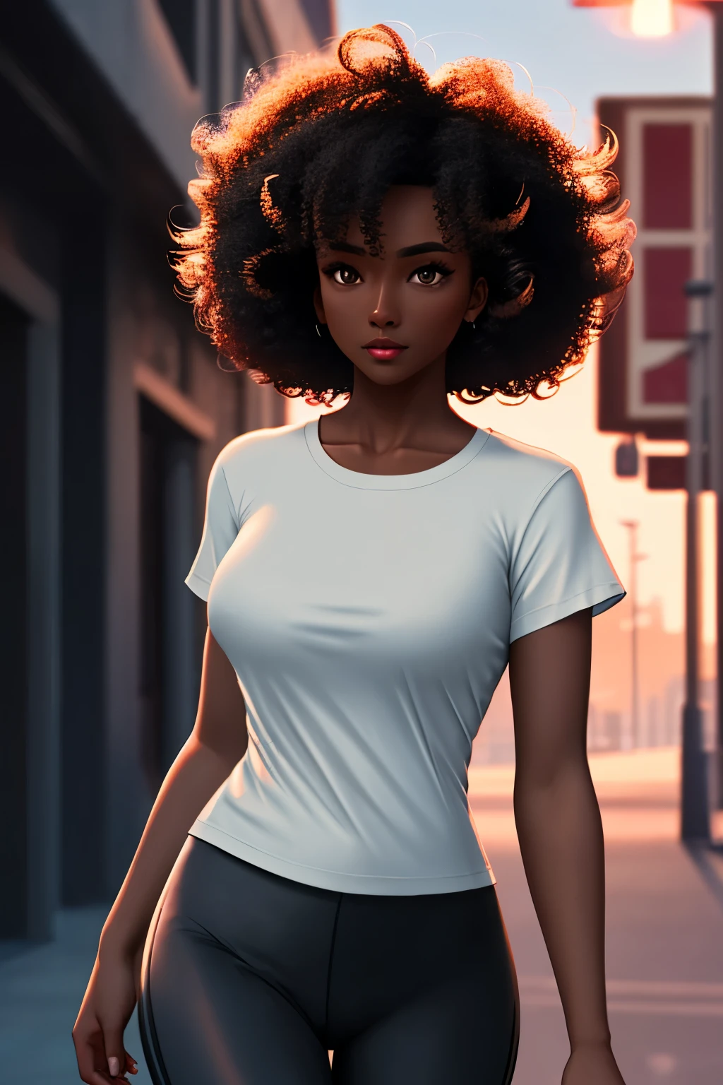 1womanl, dark skin color, defined body, longye hair, curly hair, legging pants, short regatta shirt, lightbrown eyes, cinematic lighting, wide shot, uhd, super detail, high quality, best quality, 8k
