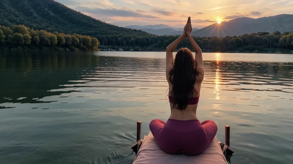 Beautiful girl in yoga pose on the lake at sunset. The camera view is from a distance.