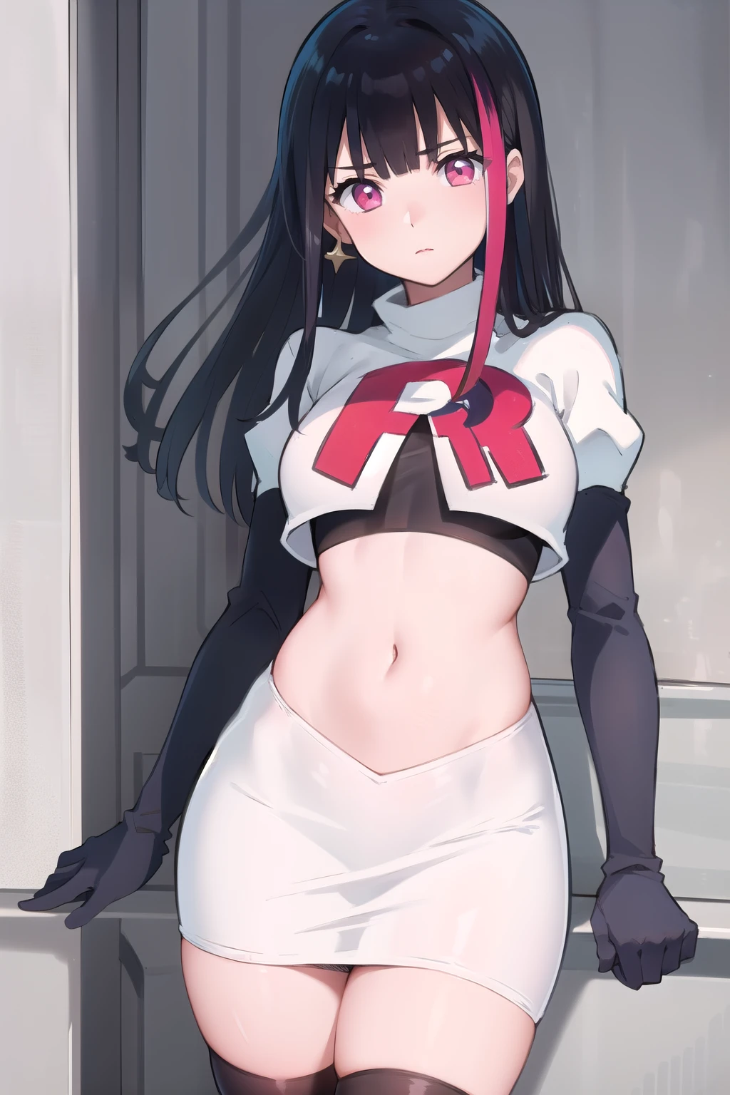 rouge redstar,1girl, black hair, solo, long hair, pink eyes,ear ornament, streaked hair, blunt bangs, looking at viewer,cowboy shot, team rocket,team rocket uniform,white skirt,red letter R,crop top,black thigh-highs,black elbow gloves, (best quality, masterpiece),