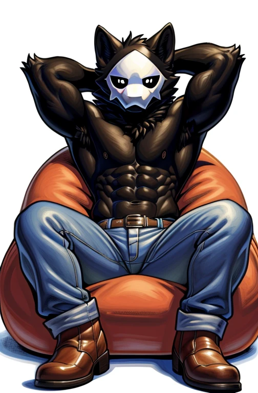 solo, male, black fur color wolf, puro_(changed), fluffy, muscular body, topless, crotchless showing crotch fluff, (blue tight jeans, pull down, pants_down with brown cowboy boots), arm raise hand behind his head, showing his armpit, (Portrait Focus), head to foot, looking at viewer, high detailed, masterpiece, lay down on a bean bag chair, inside a white room, flat color, pen and ink style, author by: Meesh