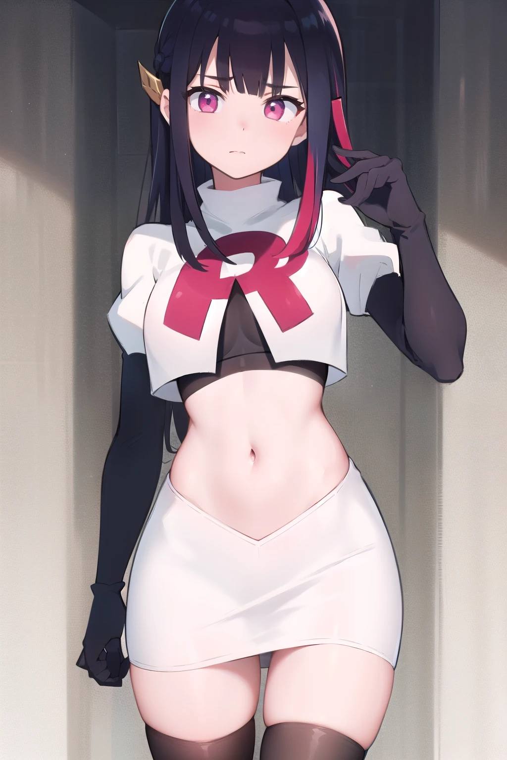 rouge redstar,1girl, black hair, solo, long hair, pink eyes,ear ornament, streaked hair, blunt bangs, looking at viewer,cowboy shot, team rocket,team rocket uniform,white skirt,red letter R,crop top,black thigh-highs,black elbow gloves, (best quality, masterpiece),