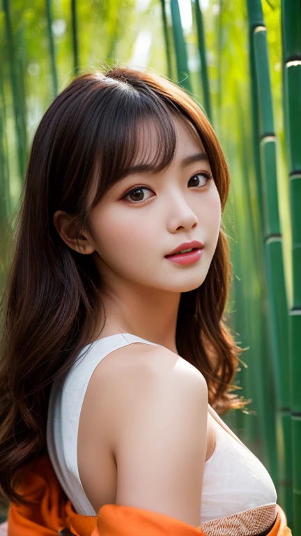 Highest quality、Masterpiece、8k,uhd.Orange Kimono、Beautiful Japanese Women、Incredibly beautiful face、Skin with attention to detail、22age、Classic Kimono、Big Eyes、Small Mouth、Cleavage、sfw,Facing forward、bamboo forest、