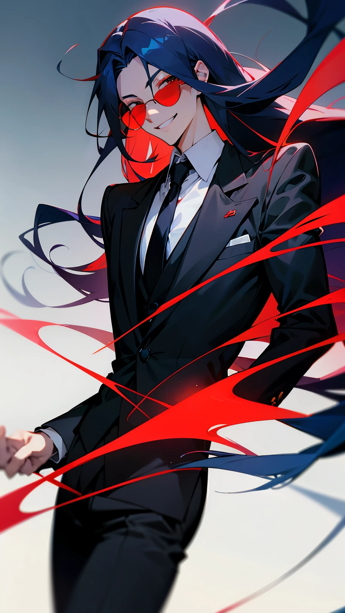 Anime boy, crimson eyes, detailed eyes, long eyelashes, dark blue hair; long flowy hair, shoulder-length hair, red sunglasses with black lenses, he's pulling down his sunglasses with a smirk, smiling with teeth, black suit, white collared shirt, black tie, smiling at camera mischievously, gradient background