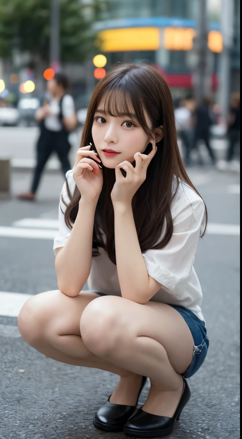 In detail, High resolution, high quality、Perfect dynamic composition, Beautiful attention to detail, Medium Hair, 、Natural color lip,Kamimei、Shibuya Scramble Crossing(Blur the background)、20-year-old girl、1 person、Clear Skin、Shiny Hair、Tabletop, 最high quality, figure, Very detailed, In detail, High resolution, 8k、The correct state of the human body、squat、Cute pose,Disheveled Hair,Beautiful feet,Perfect beautiful face,KPOP idol faces