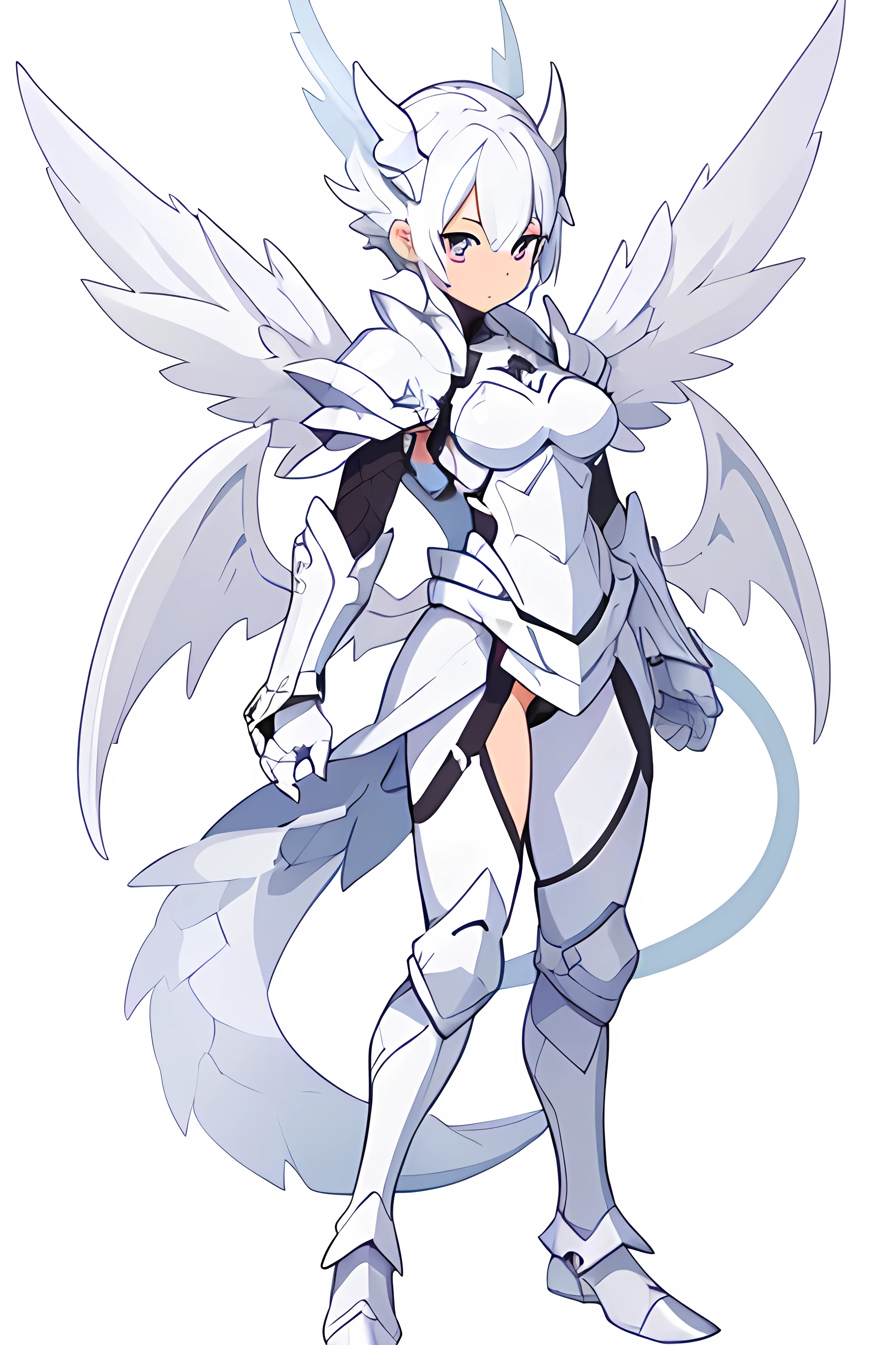 ((( white female knight armor))) dynamic pose,  white hair, white_accesories, , white eyes, long hair, (((white background))).full body, High resolution,  best quality, ,  several pairs of white wings,  white female knight armor,  (((white demon wings in the middle of the waist))),  white small dragon tail,  white eyes. white_clothes,  HD,  8k,  full_body,  (((white_background))),  white_accessories, (((female knight armor)))