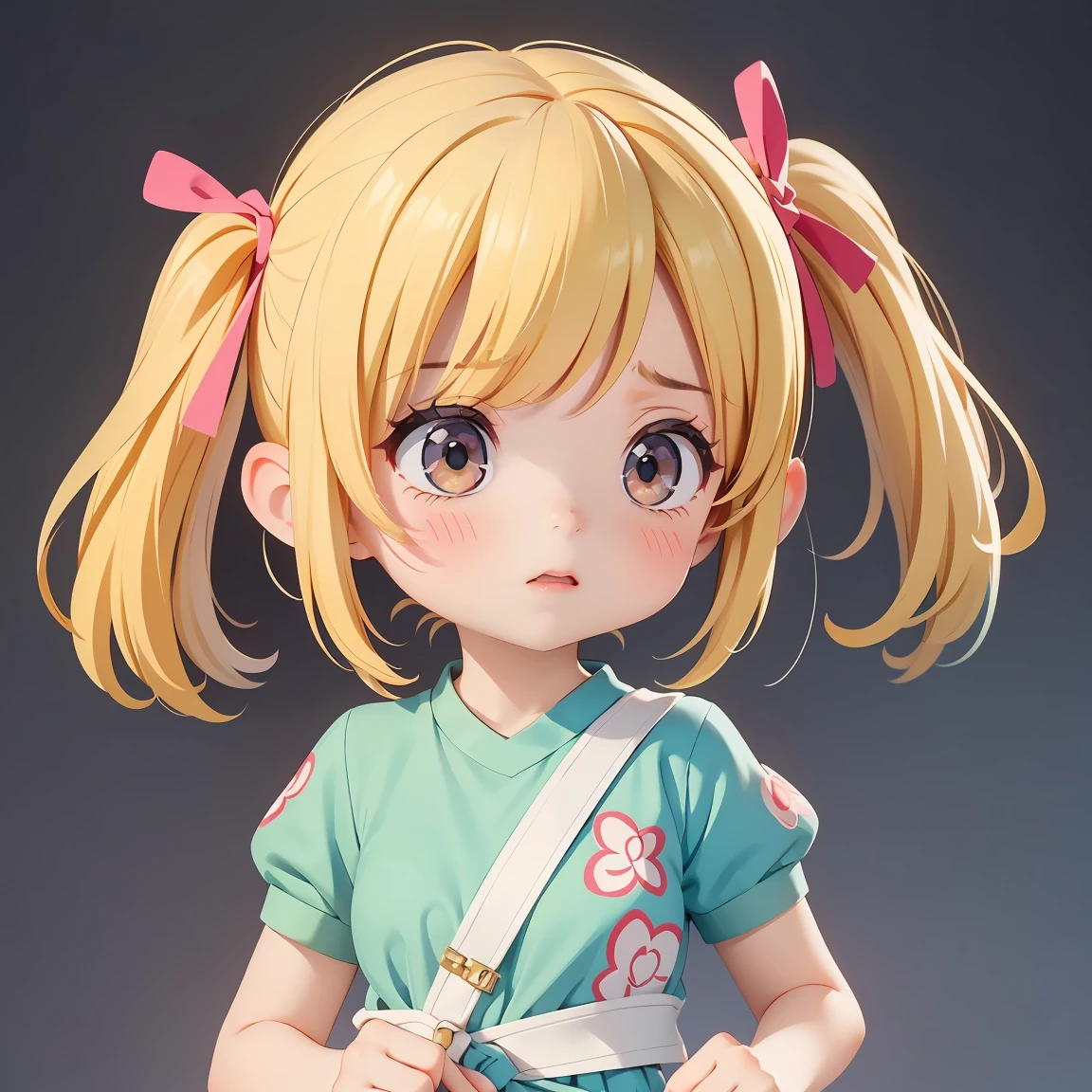  Super Chibi Character：1.8、wearing cute sandals、All-over simple and light color background：1.8、Blonde Hair、Cute 7 year old girl、Random cute outfits、Short legs、Short arms、Sandals with ribbon、Intense emotions：1.8