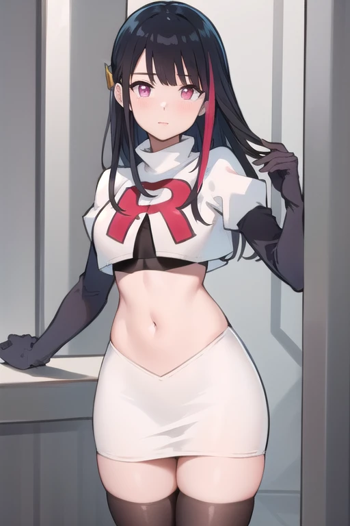 rouge redstar,1girl, black hair, solo, long hair, pink eyes,ear ornament, streaked hair, blunt bangs, looking at viewer,cowboy shot, team rocket,team rocket uniform,white skirt,red letter R,crop top,black thigh-highs,black elbow gloves, (best quality, masterpiece),