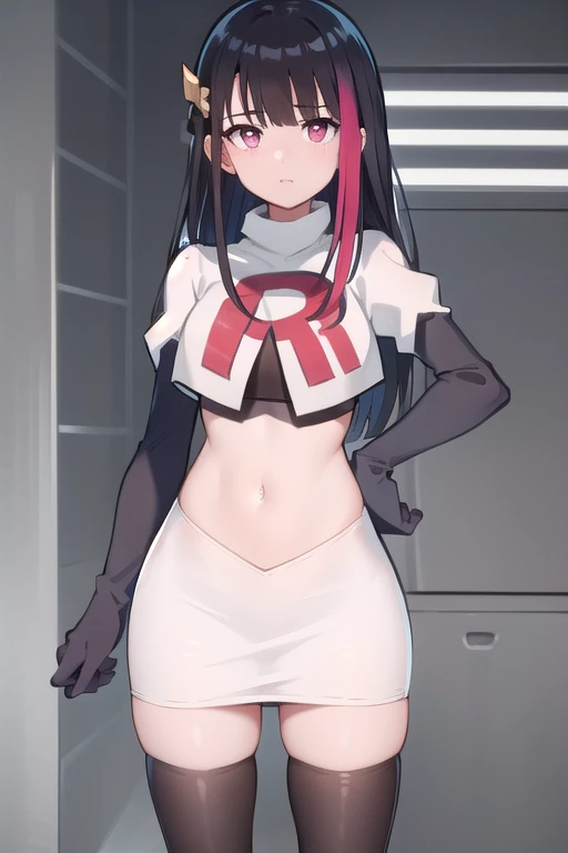 rouge redstar,1girl, black hair, solo, long hair, pink eyes,ear ornament, streaked hair, blunt bangs, looking at viewer,cowboy shot, team rocket,team rocket uniform,white skirt,red letter R,crop top,black thigh-highs,black elbow gloves, (best quality, masterpiece),