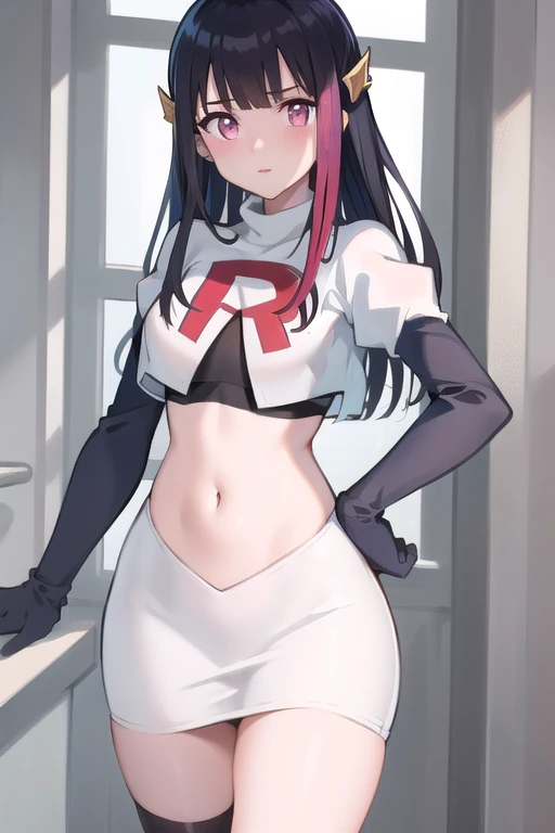 rouge redstar,1girl, black hair, solo, long hair, pink eyes,ear ornament, streaked hair, blunt bangs, looking at viewer,cowboy shot, team rocket,team rocket uniform,white skirt,red letter R,crop top,black thigh-highs,black elbow gloves, (best quality, masterpiece),