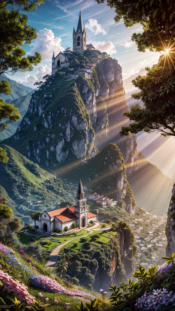 Mosgue church on the mountain, View of the sea, surrounded by lush vegetation in a valley of flowers, rise sun, with rays of light, slightly misty day, Ultra -HD, Reality, cinematic light, detailed back ground, swirly vibrant colors, conceptual artwork