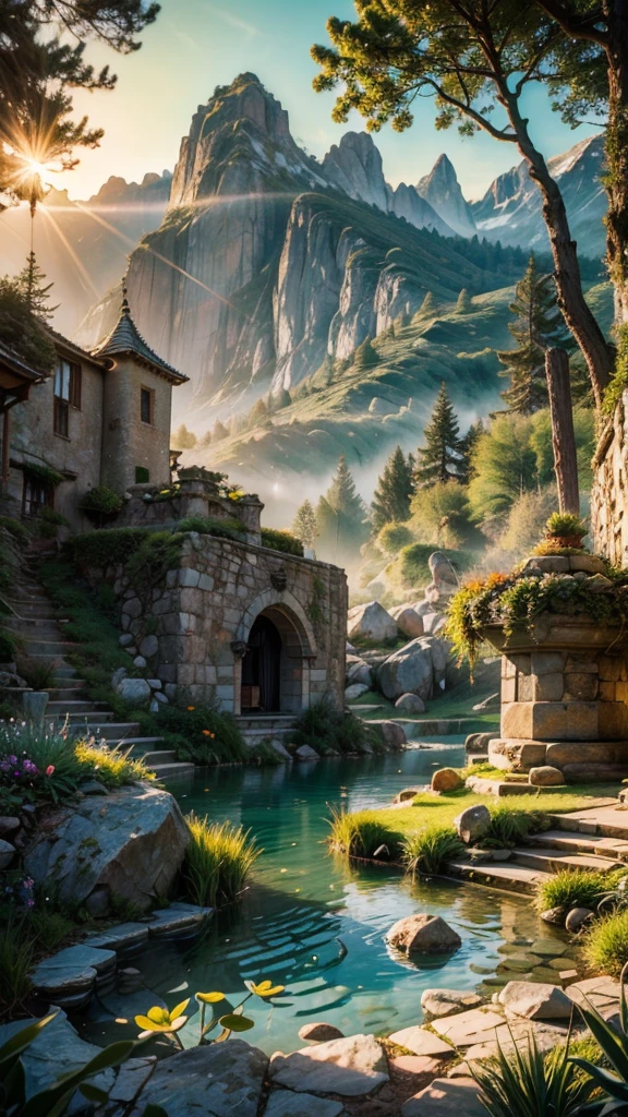 fairytale view with ornamented fantasy fairy garden in a wide valley with huge dramatic montains in the distance,large ornamental lawns, deep clear glowing natural pond, rocks plants flowers shrubs trees moss lawns grass animals,sunrise and strong sunbeams,very hazy,extreme details,photorealistic,4k,HD,beautiful,nature, dreamy, low shot,ground level photo